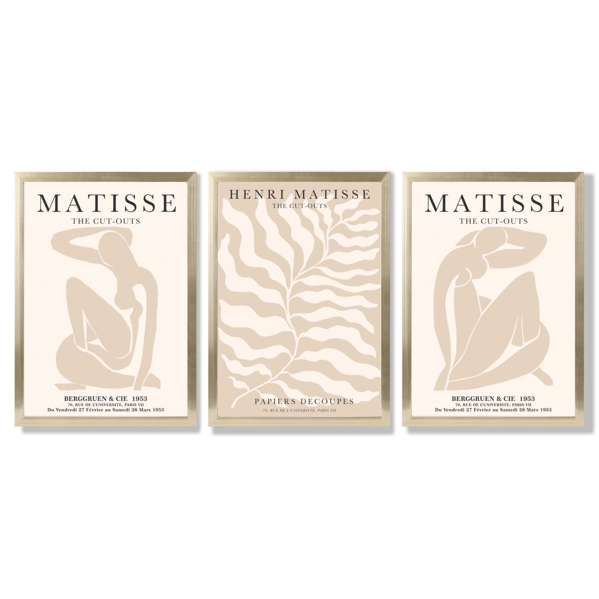 Set of 3 Matisse Warm Minimalist Framed Wall Art with Gold Wood Frames