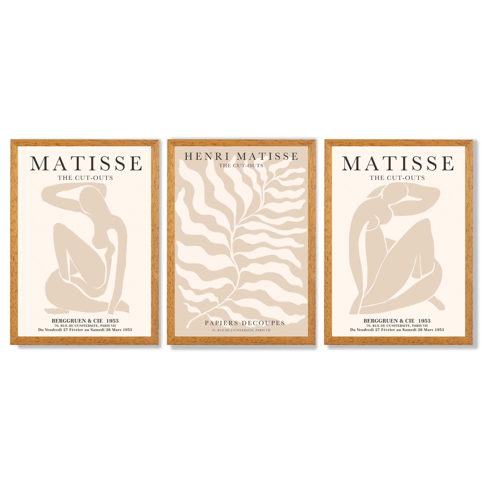 Set of 3 Matisse Warm Minimalist Framed Wall Art with Oak Wooden Frames