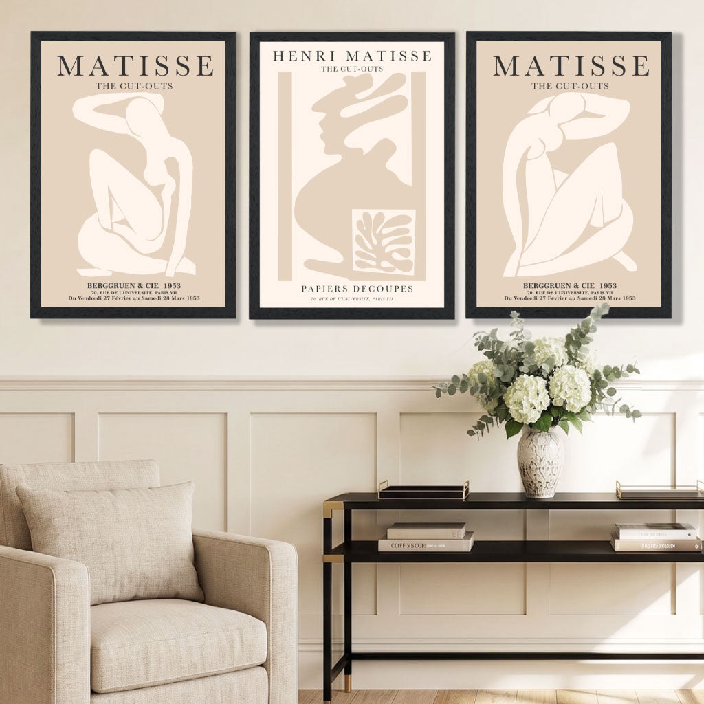 Set of 3 Matisse Minimal Beige Fashion Framed Wall Art with Black Wooden Frames