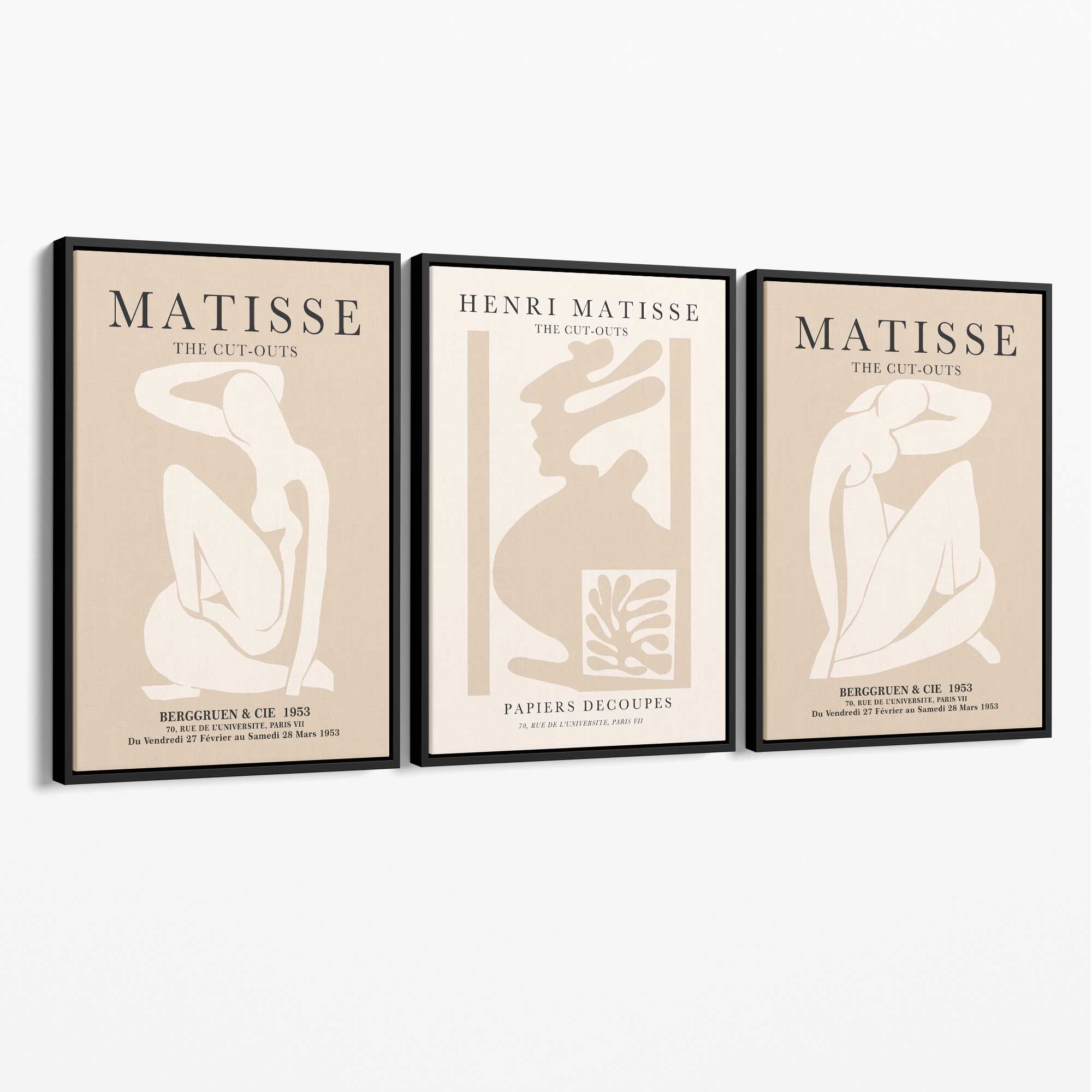 Set of 3 Matisse Minimal Beige Fashion Canvas Prints with Black Float Frame