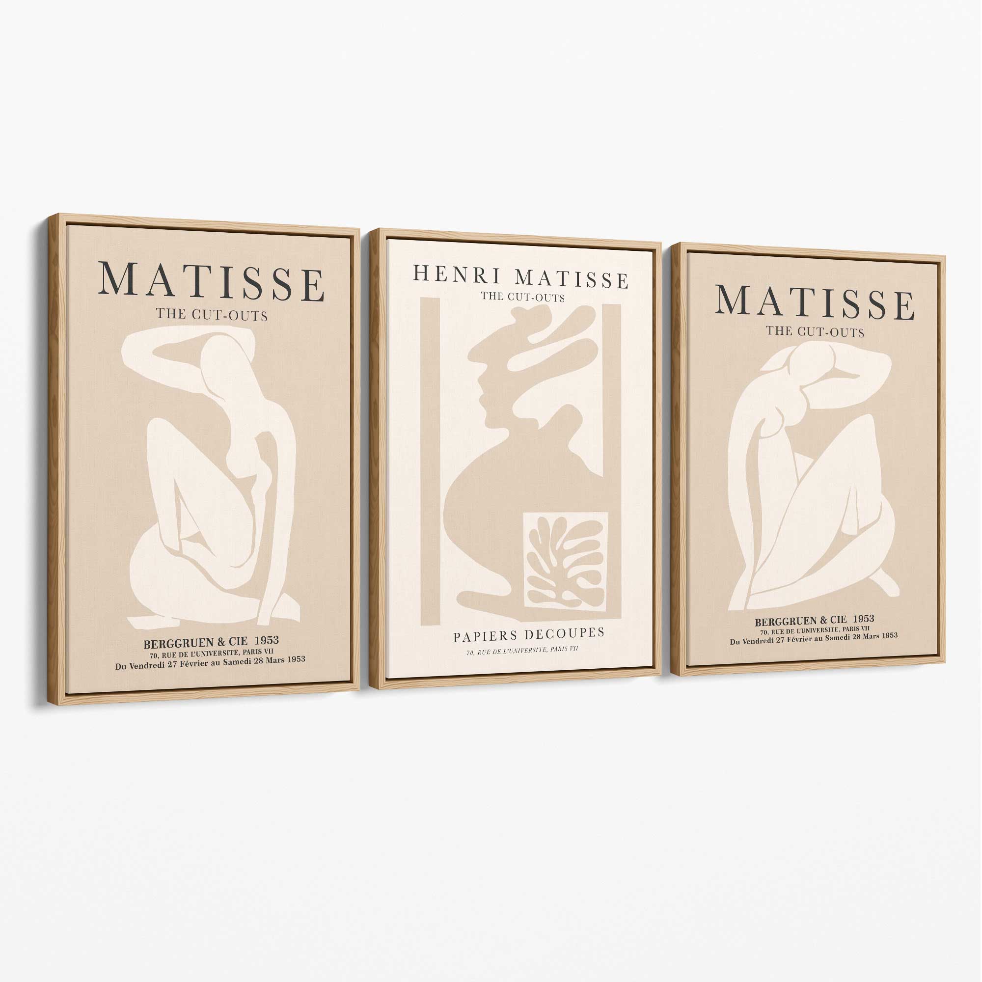 Set of 3 Matisse Minimal Beige Fashion Canvas Prints with Oak Float Frame
