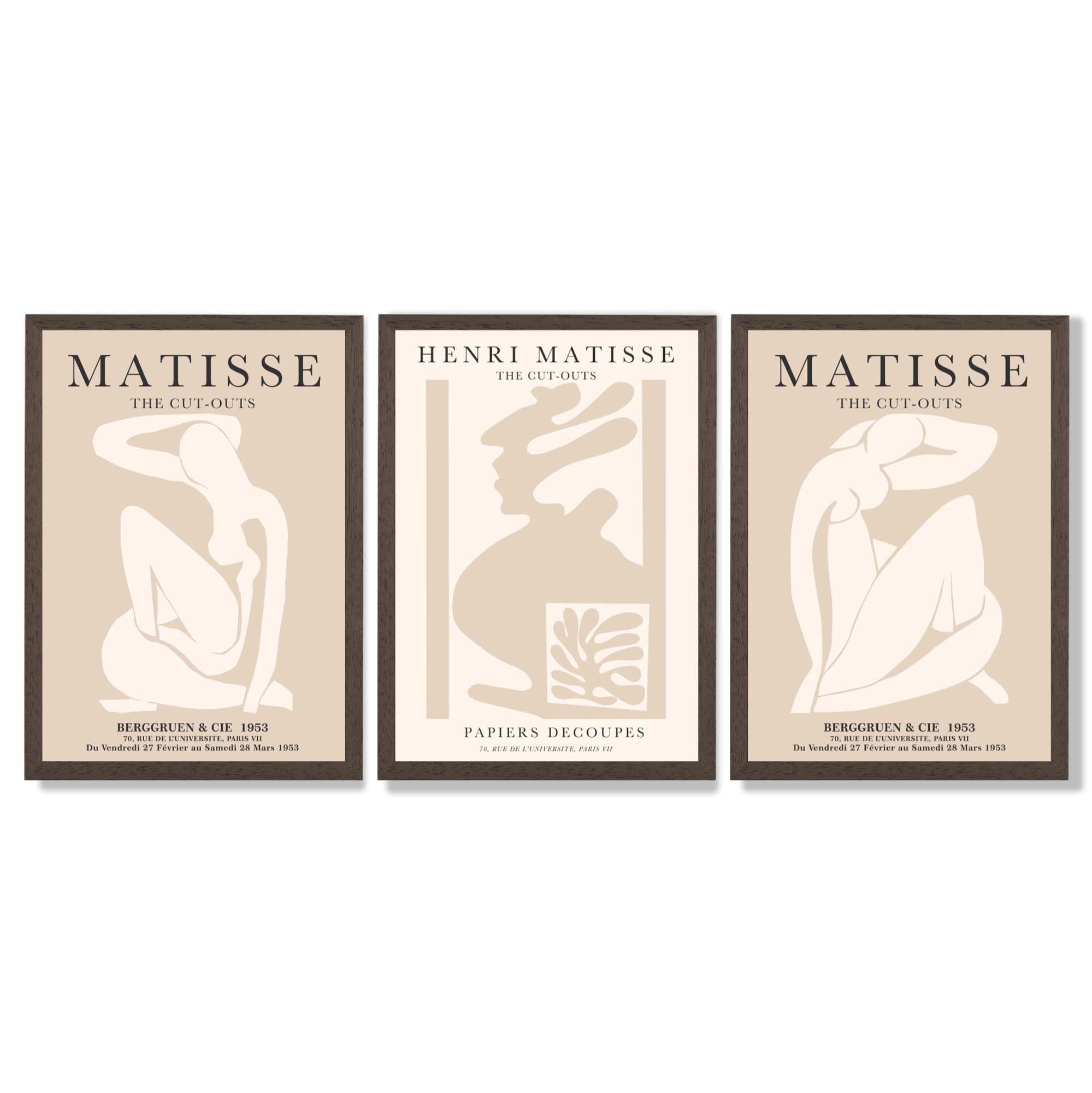 Set of 3 Matisse Minimal Beige Fashion Framed Wall Art with Dark Wood Frames