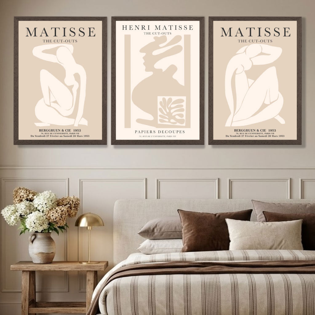 Set of 3 Matisse Minimal Beige Fashion Art Prints in Black Frames | Artze UK