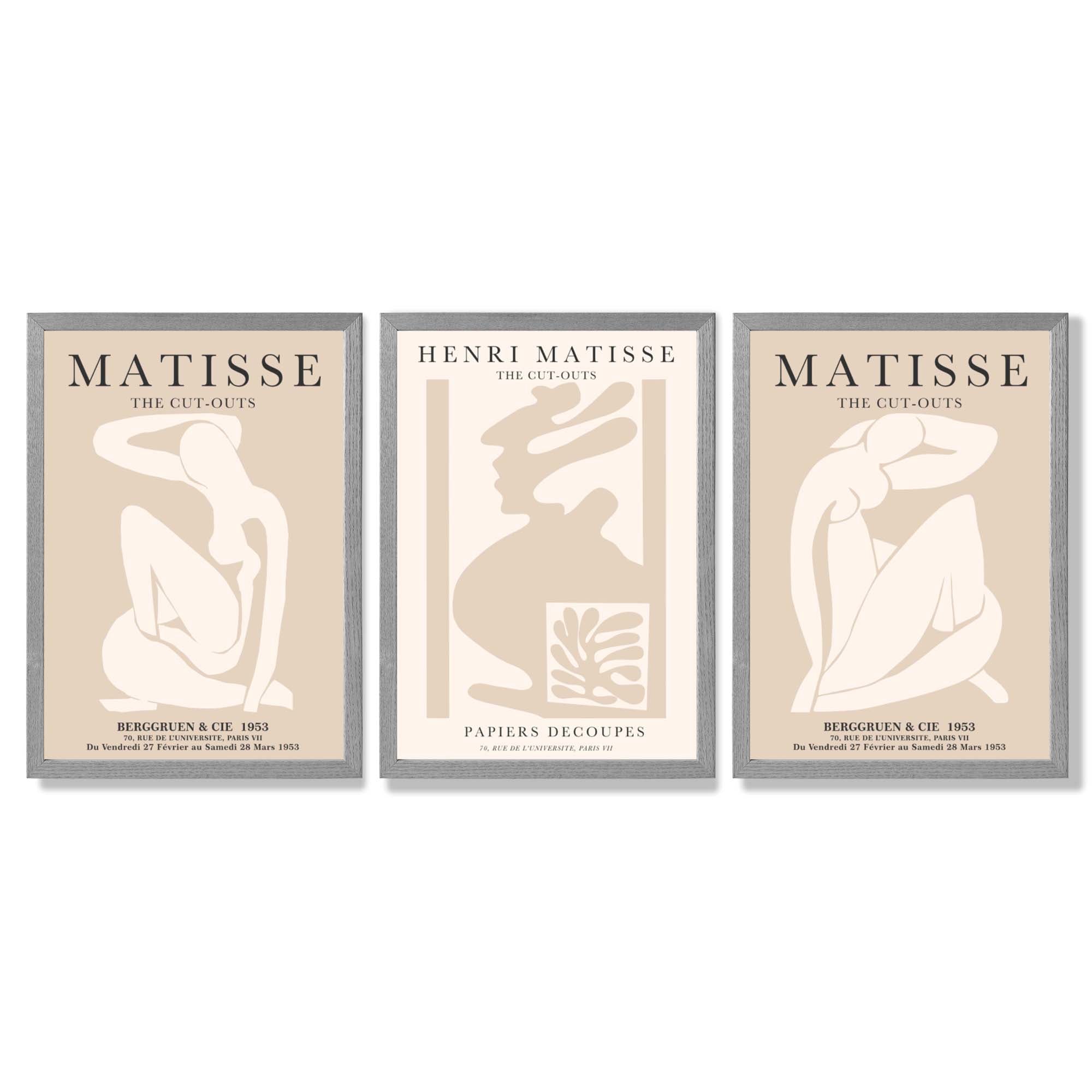 Set of 3 Matisse Minimal Beige Fashion Framed Wall Art with Light Grey Wooden Frames