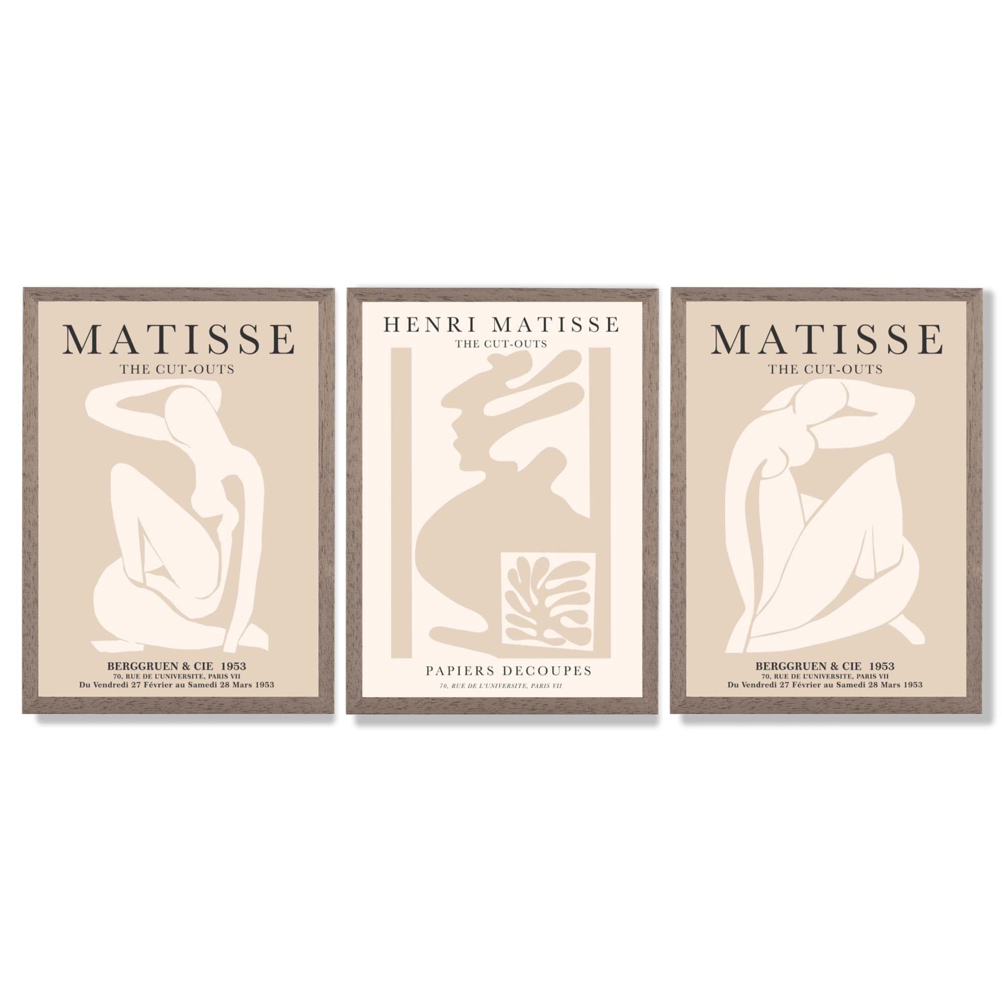Set of 3 Matisse Minimal Beige Fashion Framed Wall Art with Light Walnut Frames