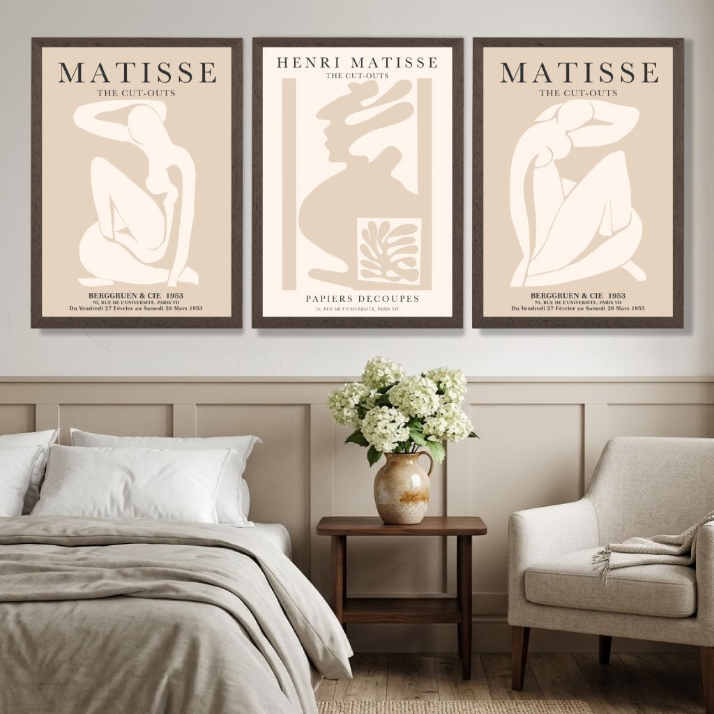 Set of 3 Matisse Minimal Beige Fashion Art Prints in White Frames | Artze UK