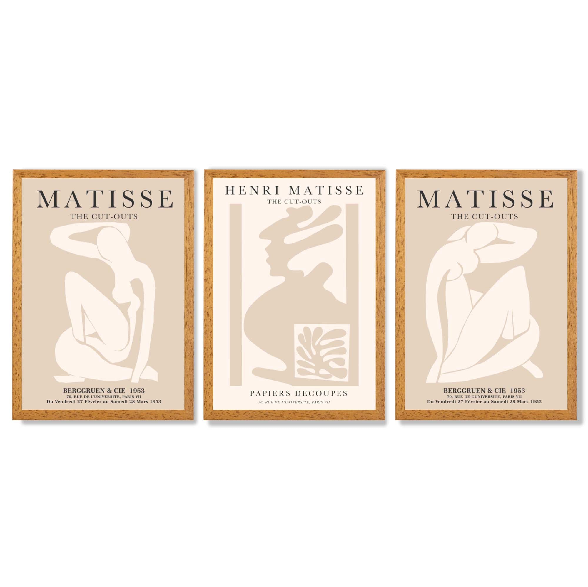 Set of 3 Matisse Minimal Beige Fashion Framed Wall Art with Oak Wooden Frames