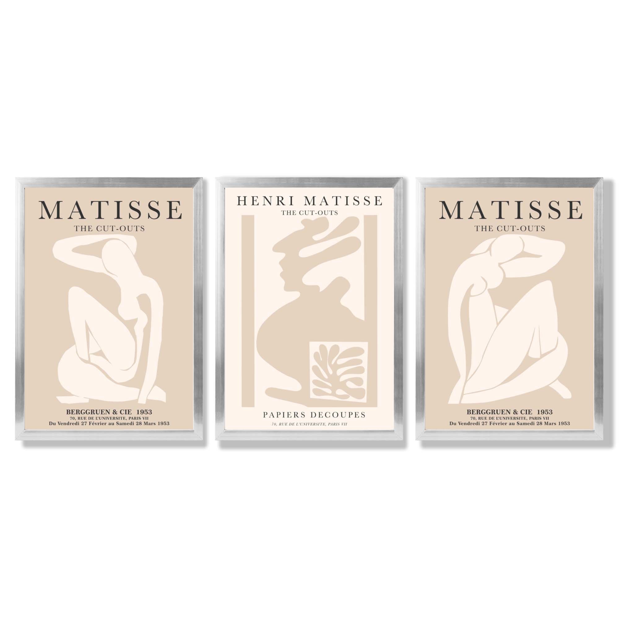 Set of 3 Matisse Minimal Beige Fashion Framed Wall Art with Silver Wood Frames