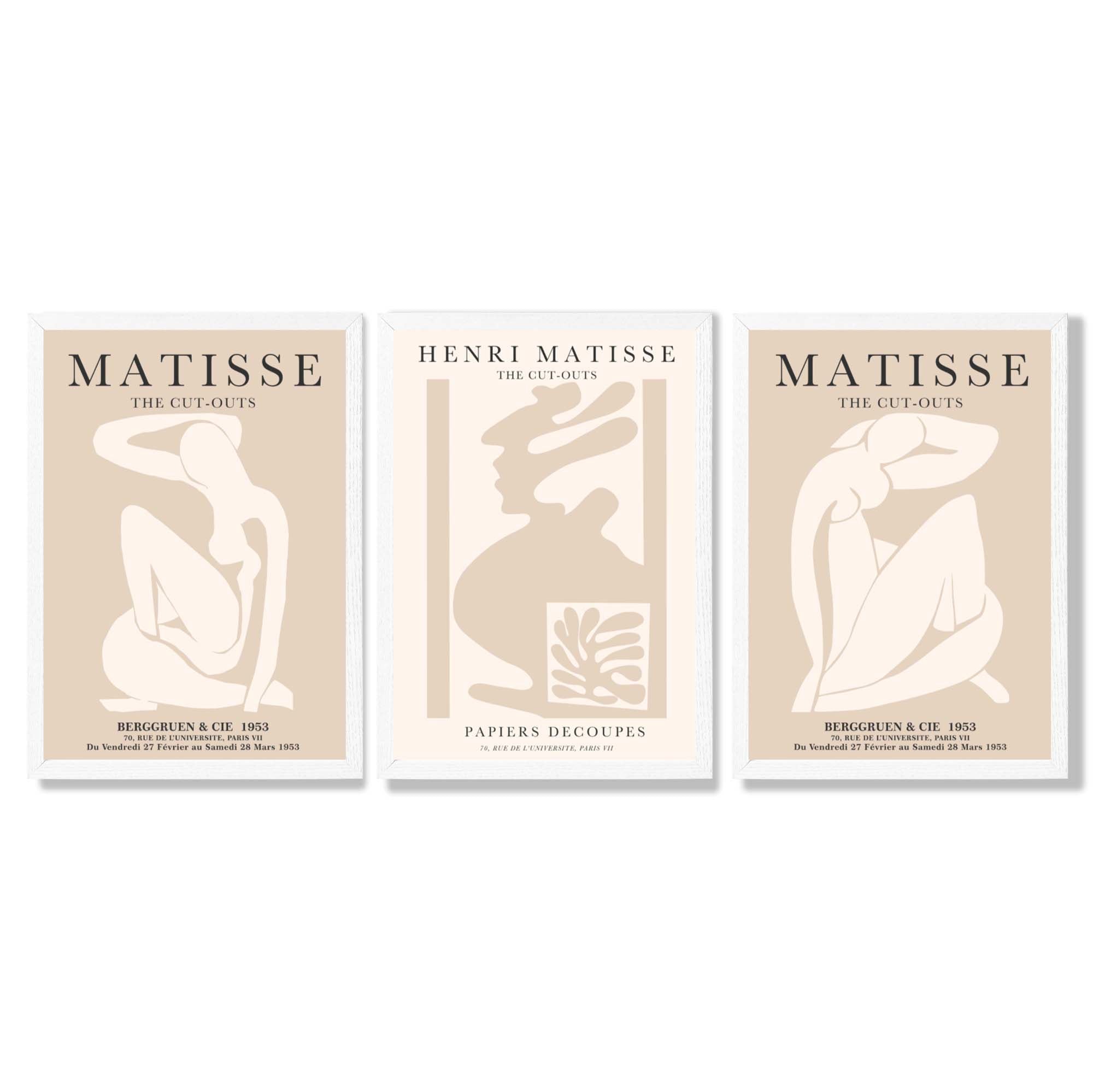 Set of 3 Matisse Minimal Beige Fashion Framed Wall Art with White Wooden Frames