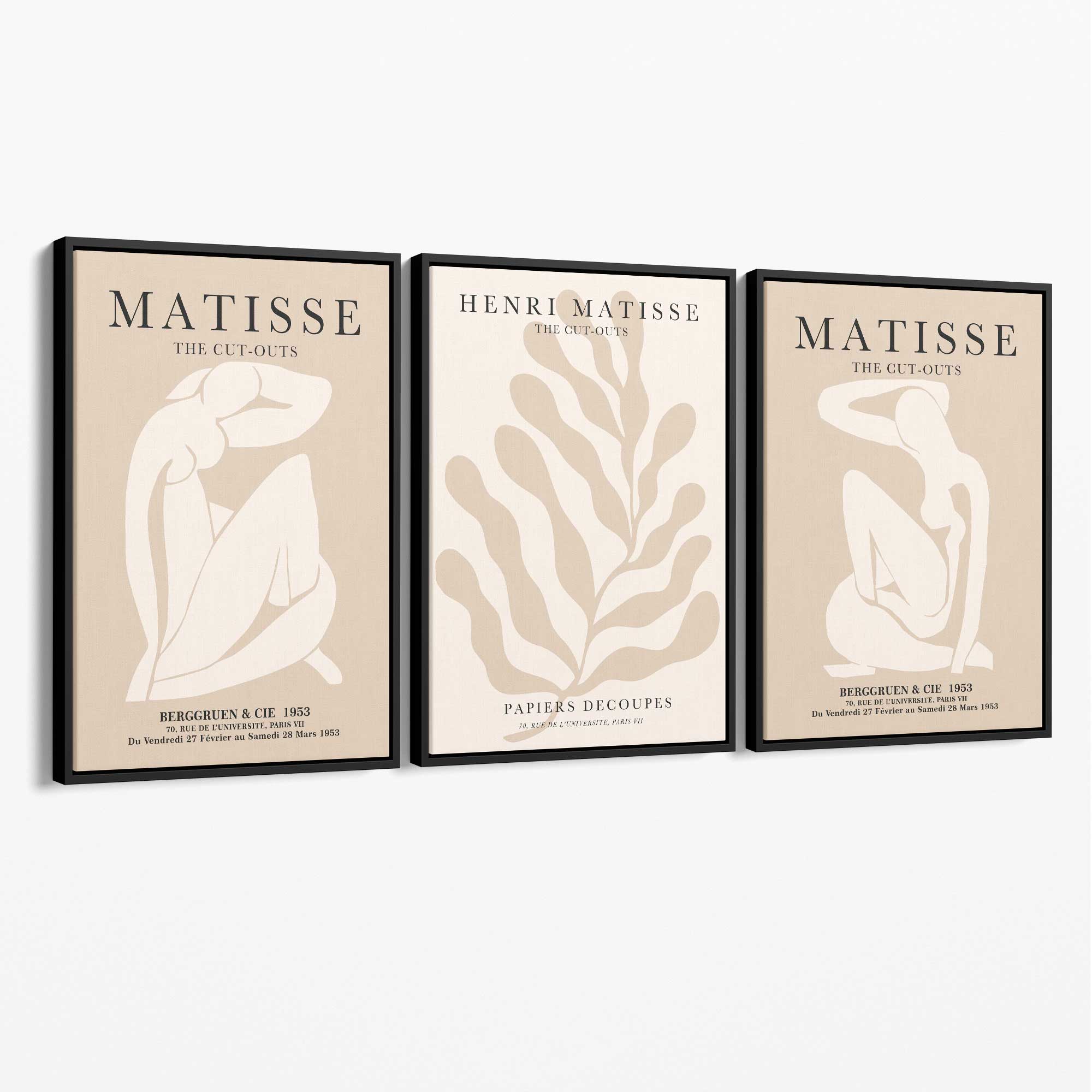 Set of 3 Matisse Minimal Beige Cutouts Canvas Prints with Black Float Frame