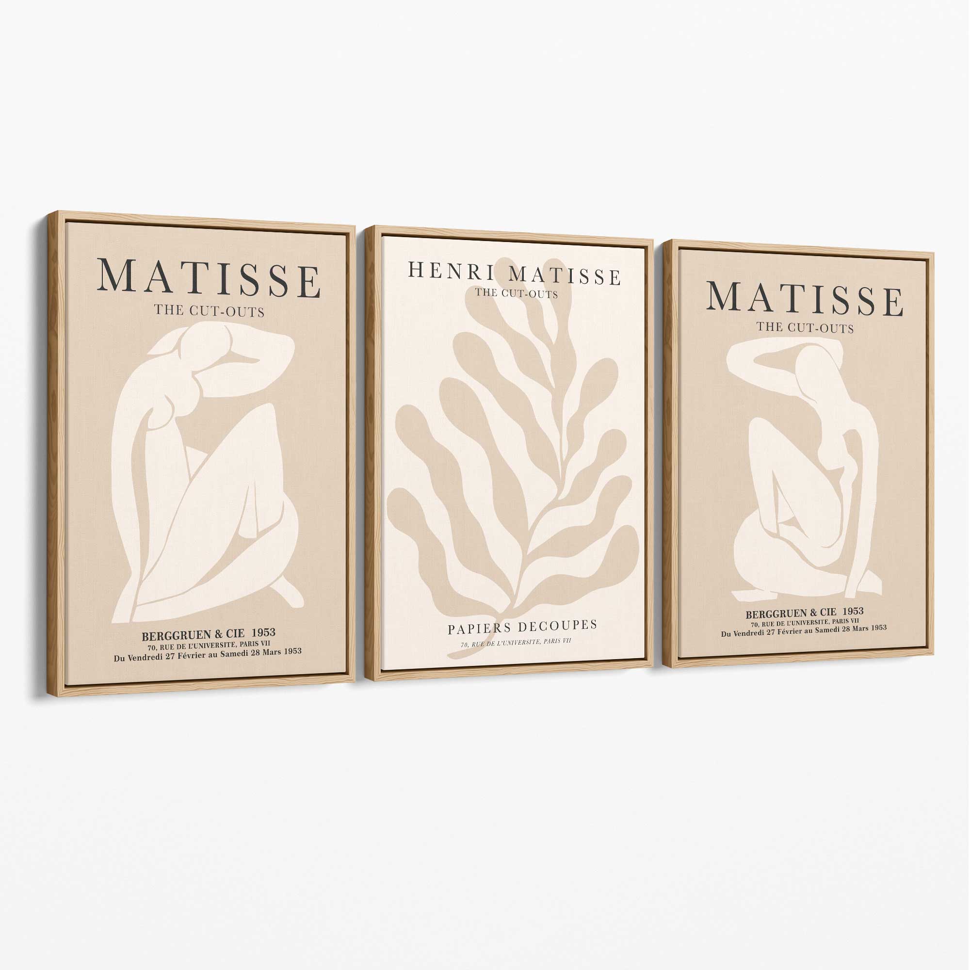 Set of 3 Matisse Minimal Beige Cutouts Canvas Prints with Oak Float Frame