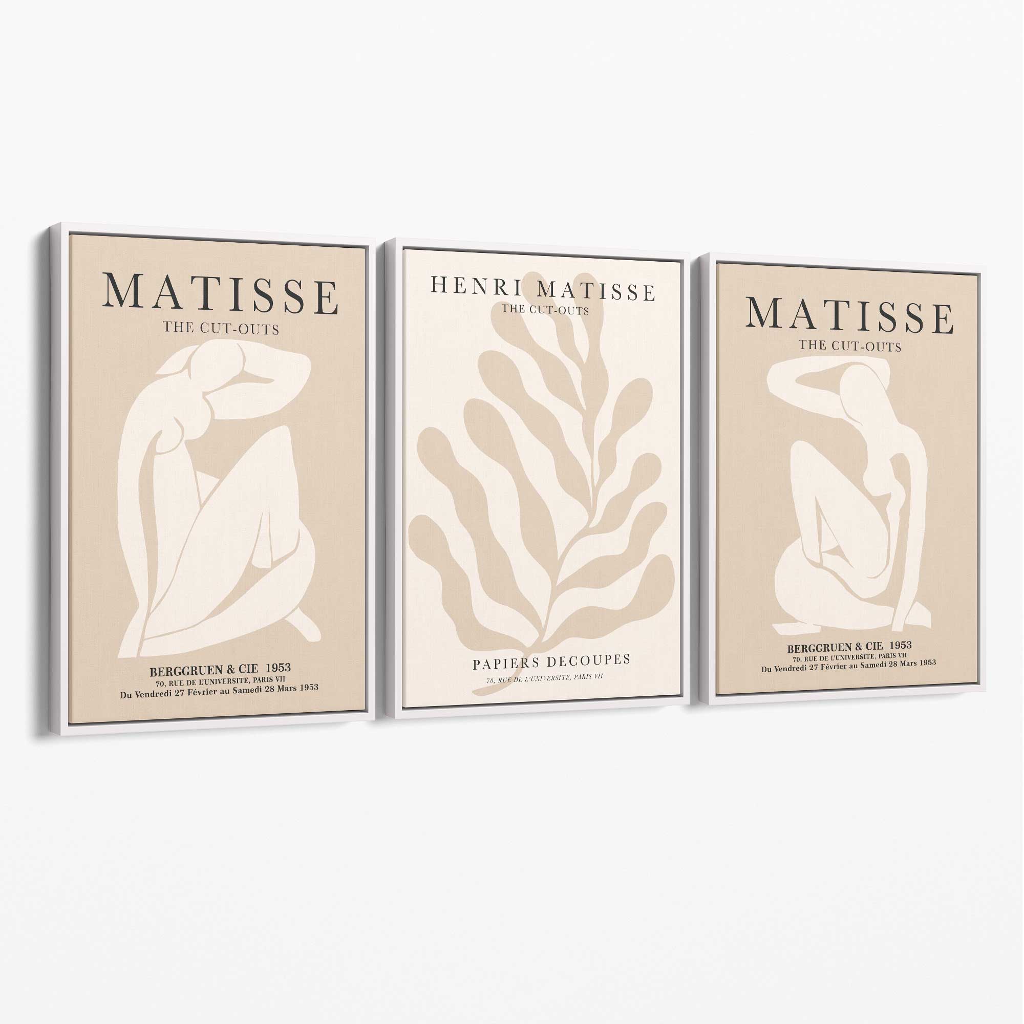 Set of 3 Matisse Minimal Beige Cutouts Canvas Prints with White Float Frame