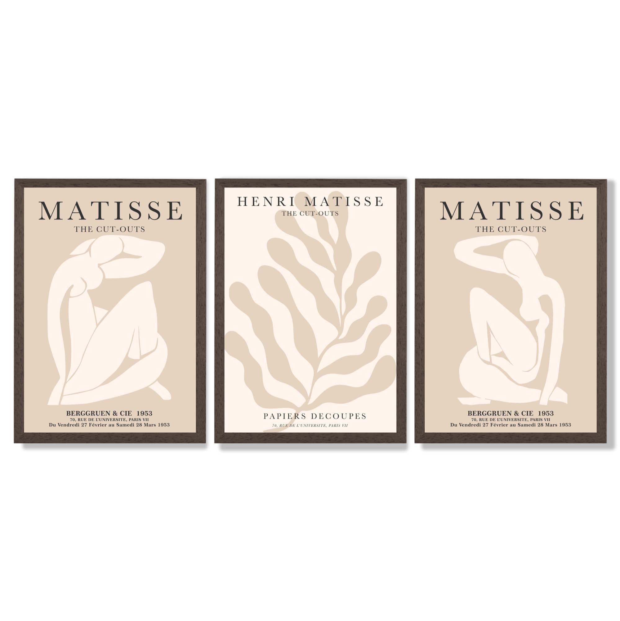 Set of 3 Matisse Minimal Beige Cutouts Framed Wall Art with Dark Wood Frames