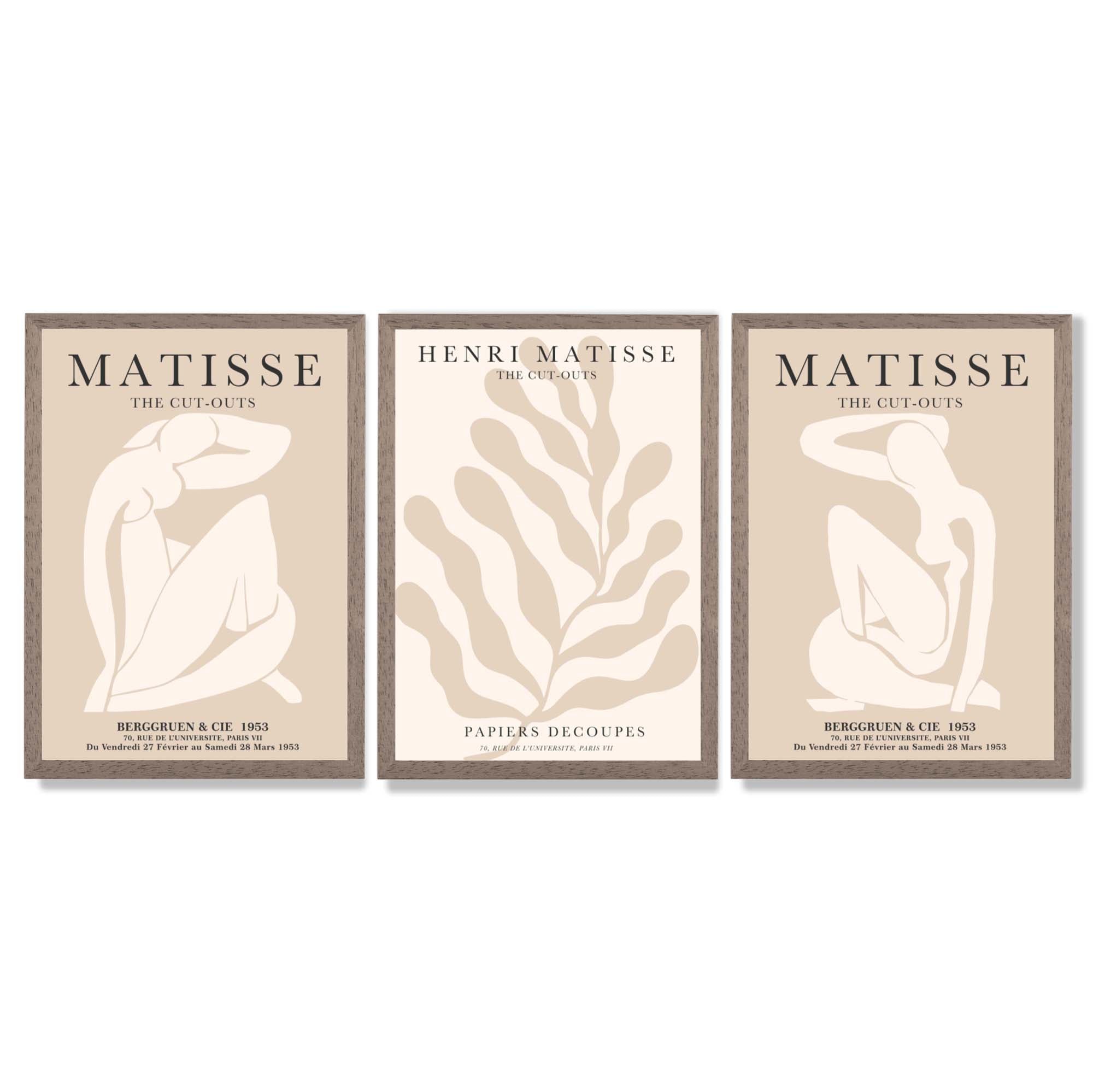 Set of 3 Matisse Minimal Beige Cutouts Framed Wall Art with Light Walnut Frames