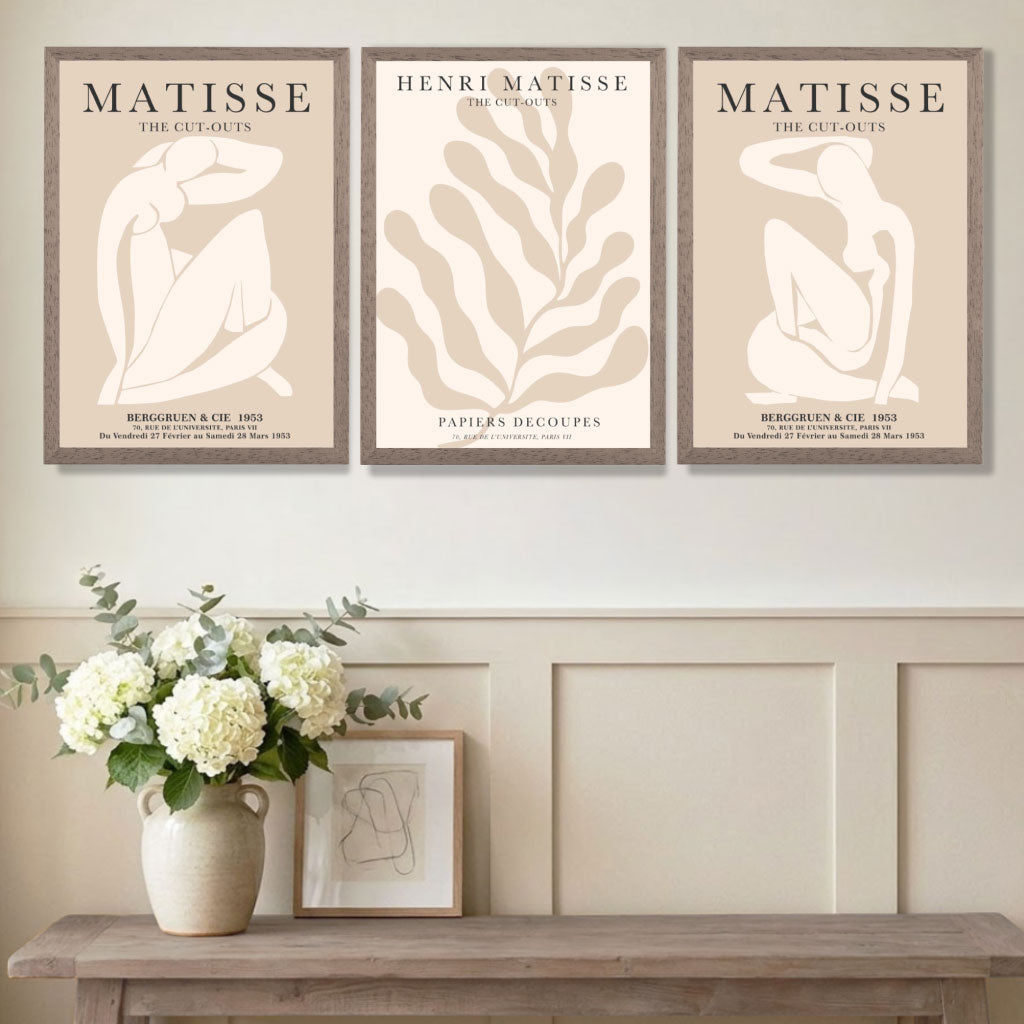 Set of 3 Matisse Minimal Beige Cutouts Art Prints in White Frames | Artze UK