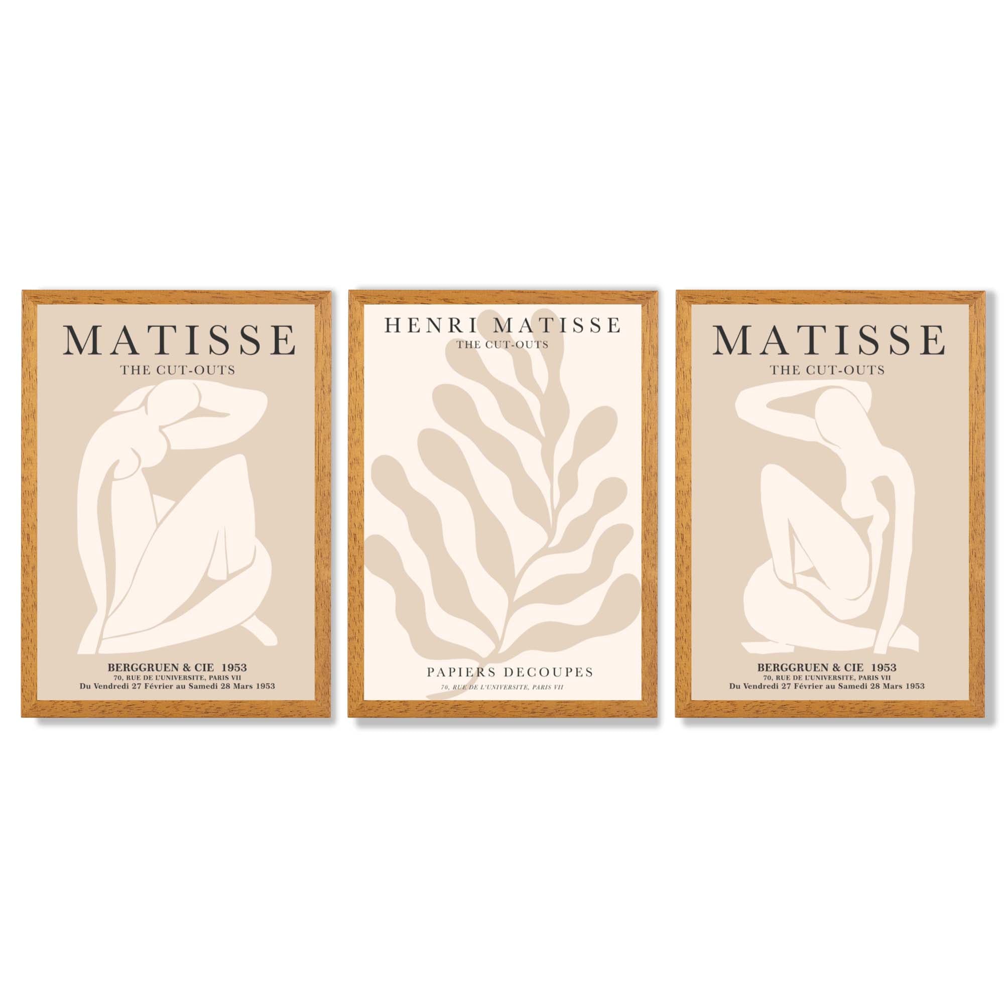 Set of 3 Matisse Minimal Beige Cutouts Framed Wall Art with Oak Wooden Frames