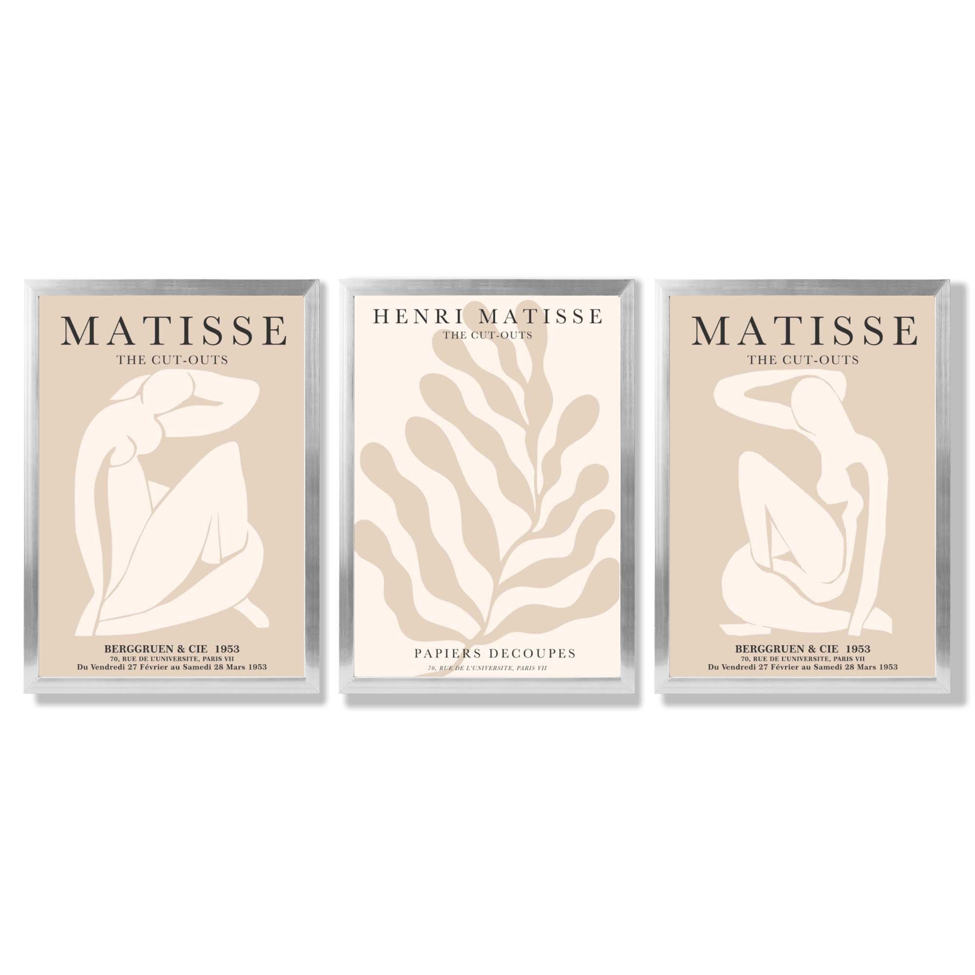 Set of 3 Matisse Minimal Beige Cutouts Framed Wall Art with Silver Wood Frames