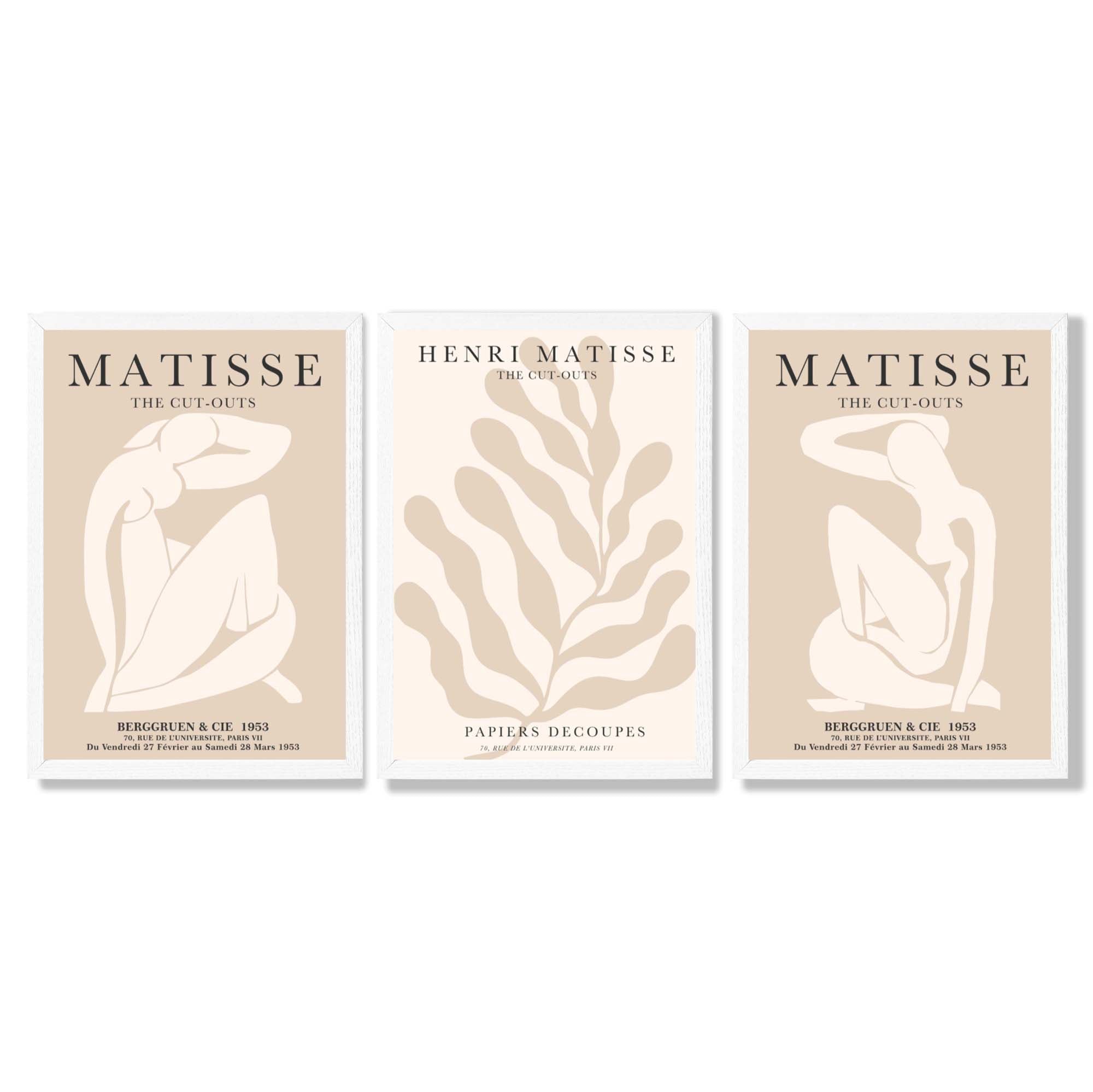 Set of 3 Matisse Minimal Beige Cutouts Framed Wall Art with White Wooden Frames