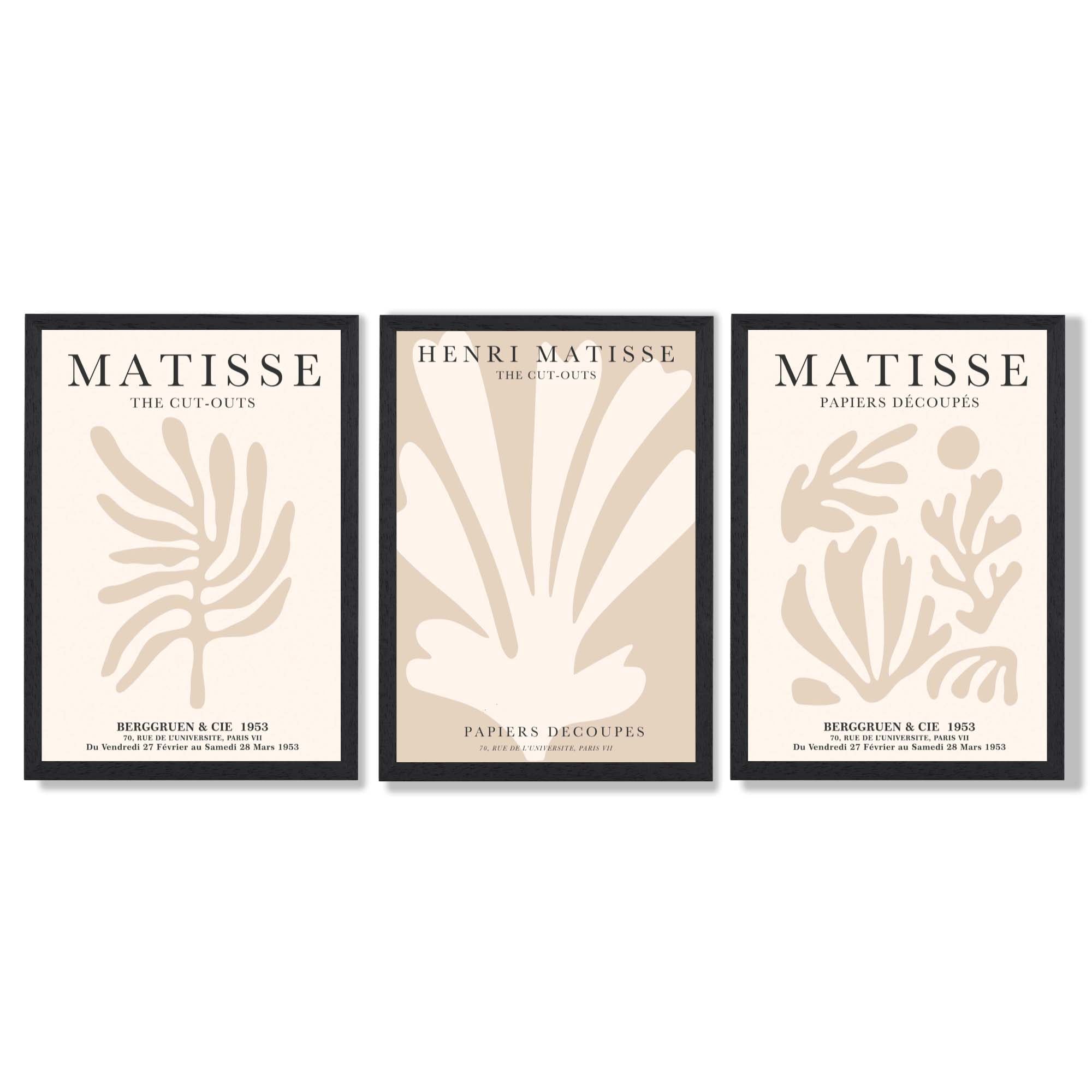 Set of 3 Matisse Botanical Beige Framed Wall Art with Black Wooden Frames