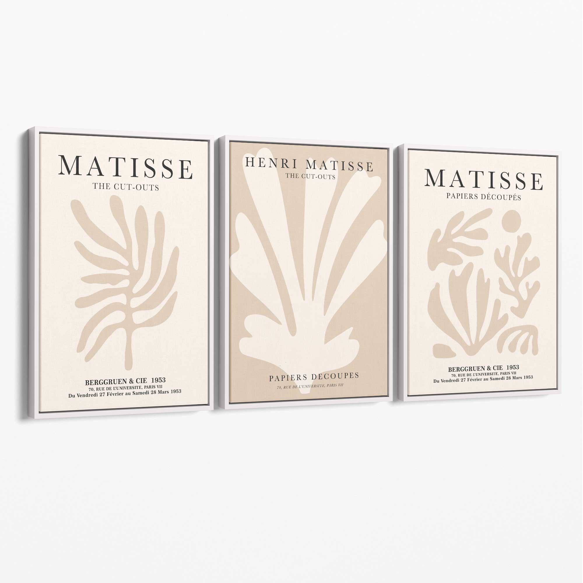 Set of 3 Matisse Botanical Beige Canvas Prints with White Float Frame