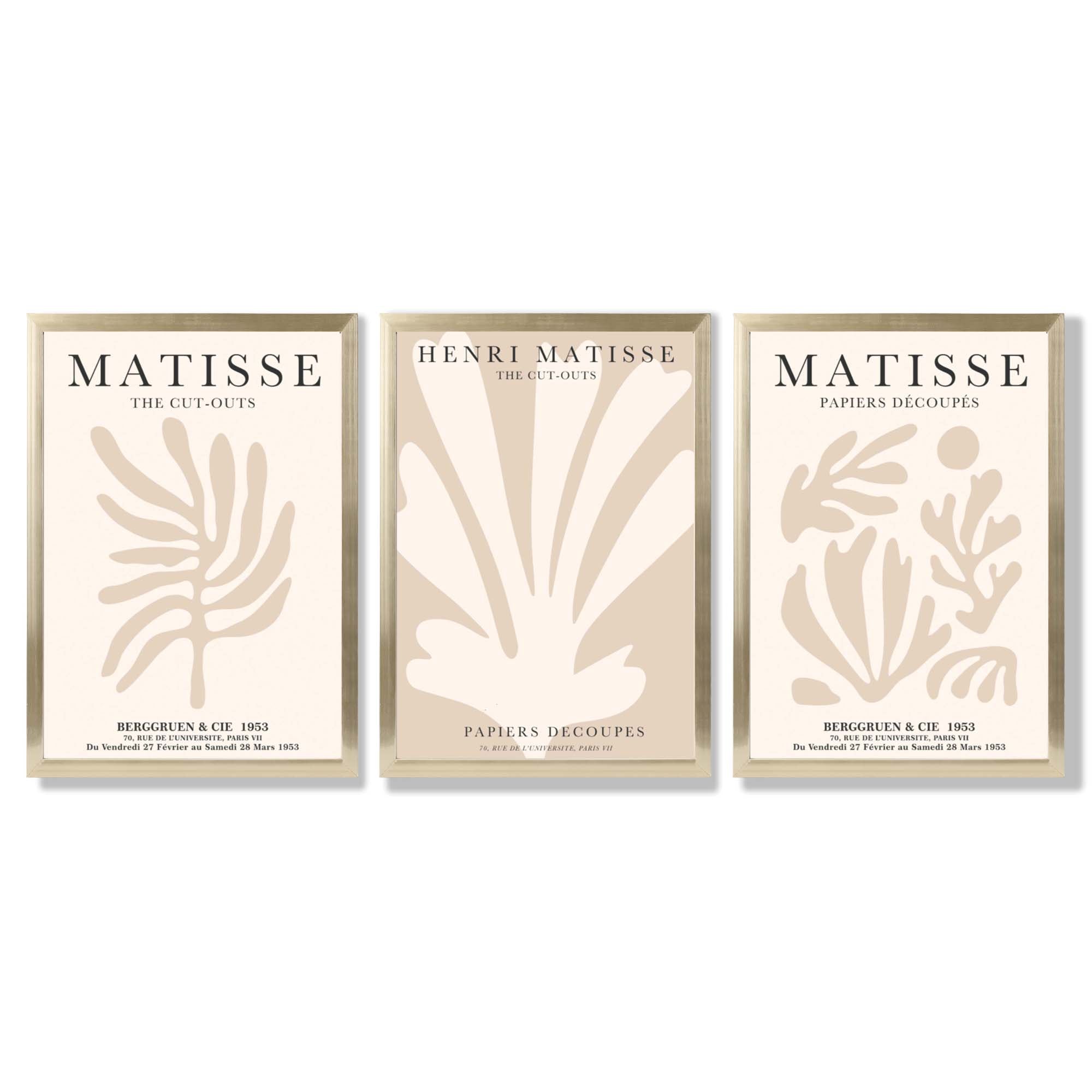Set of 3 Matisse Botanical Beige Framed Wall Art with Gold Wood Frames