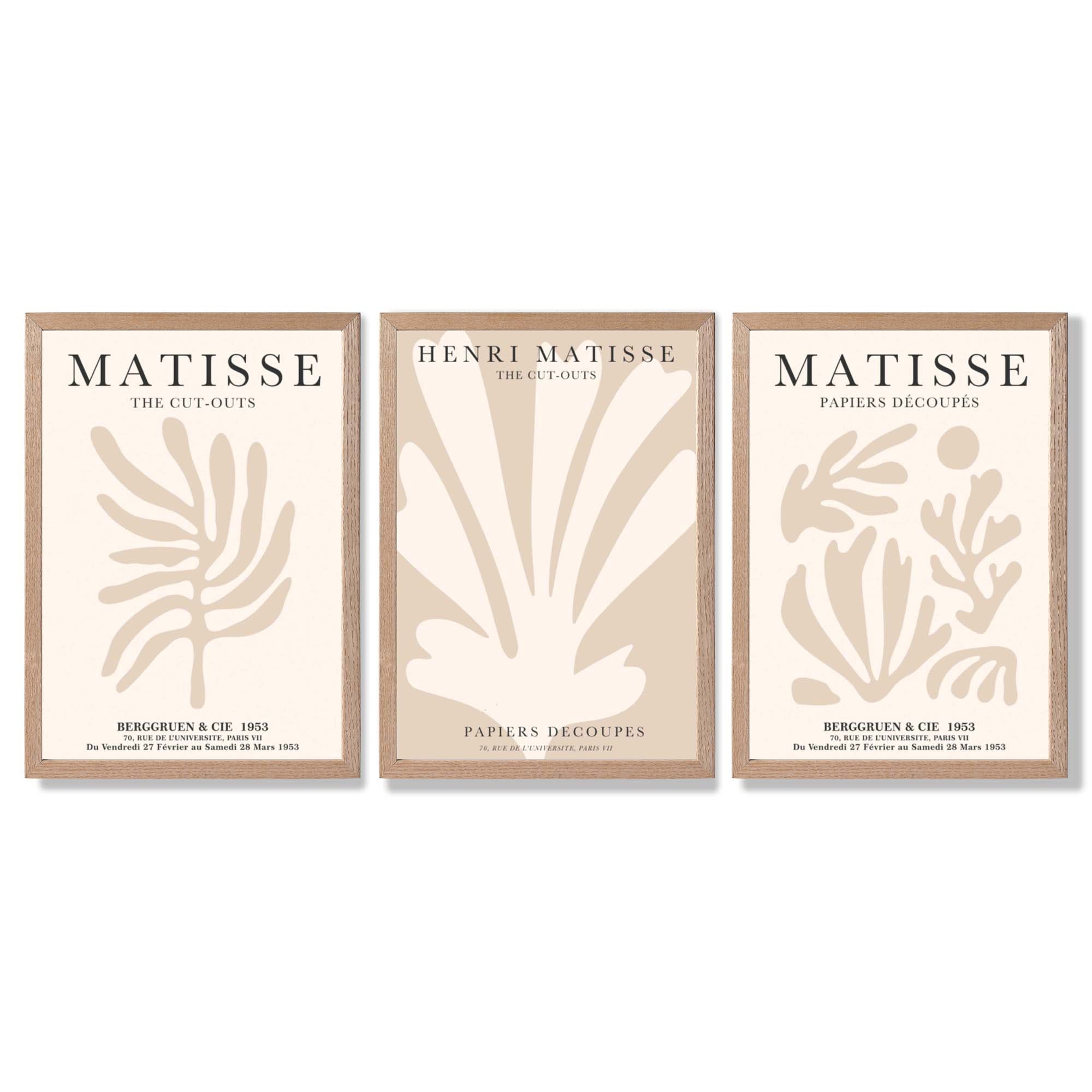 Set of 3 Matisse Botanical Beige Framed Wall Art with Light Oak Frames