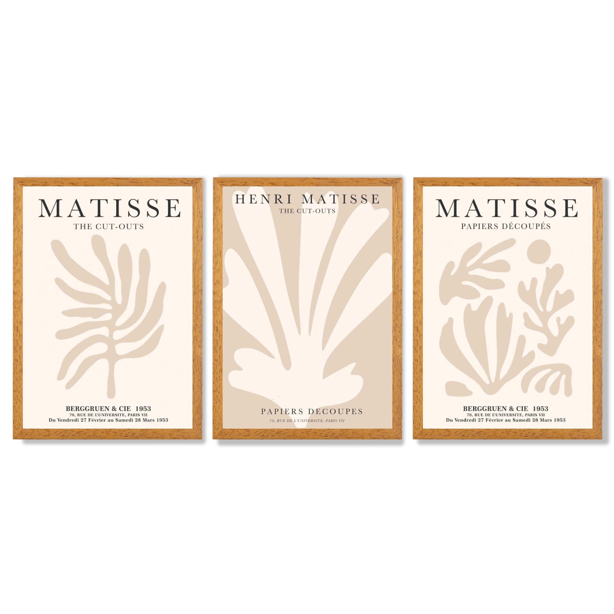 Set of 3 Matisse Botanical Beige Framed Wall Art with Oak Wooden Frames