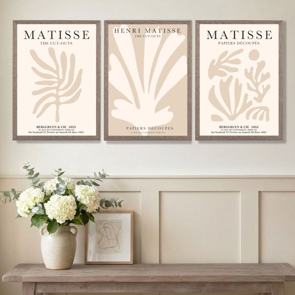 Set of 3 Matisse Botanical Beige Art Prints in Oak Frames | Artze UK