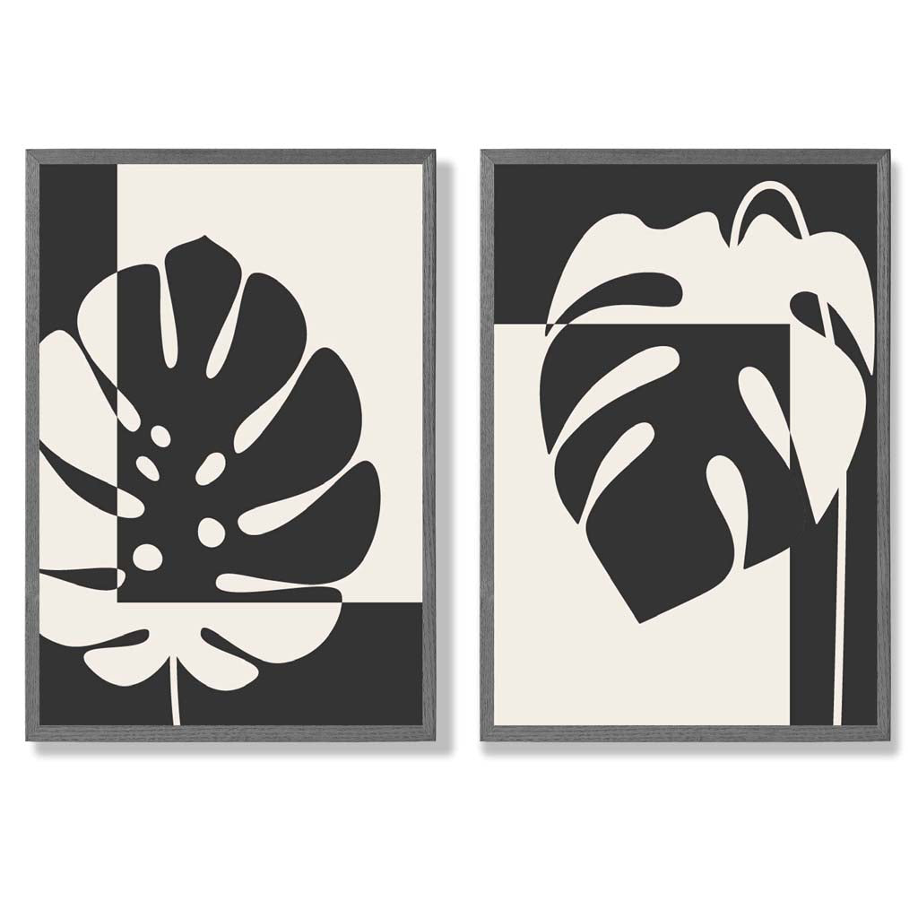 Black and Beige Monstera Set of 2 Art Prints with Dark Grey Frame