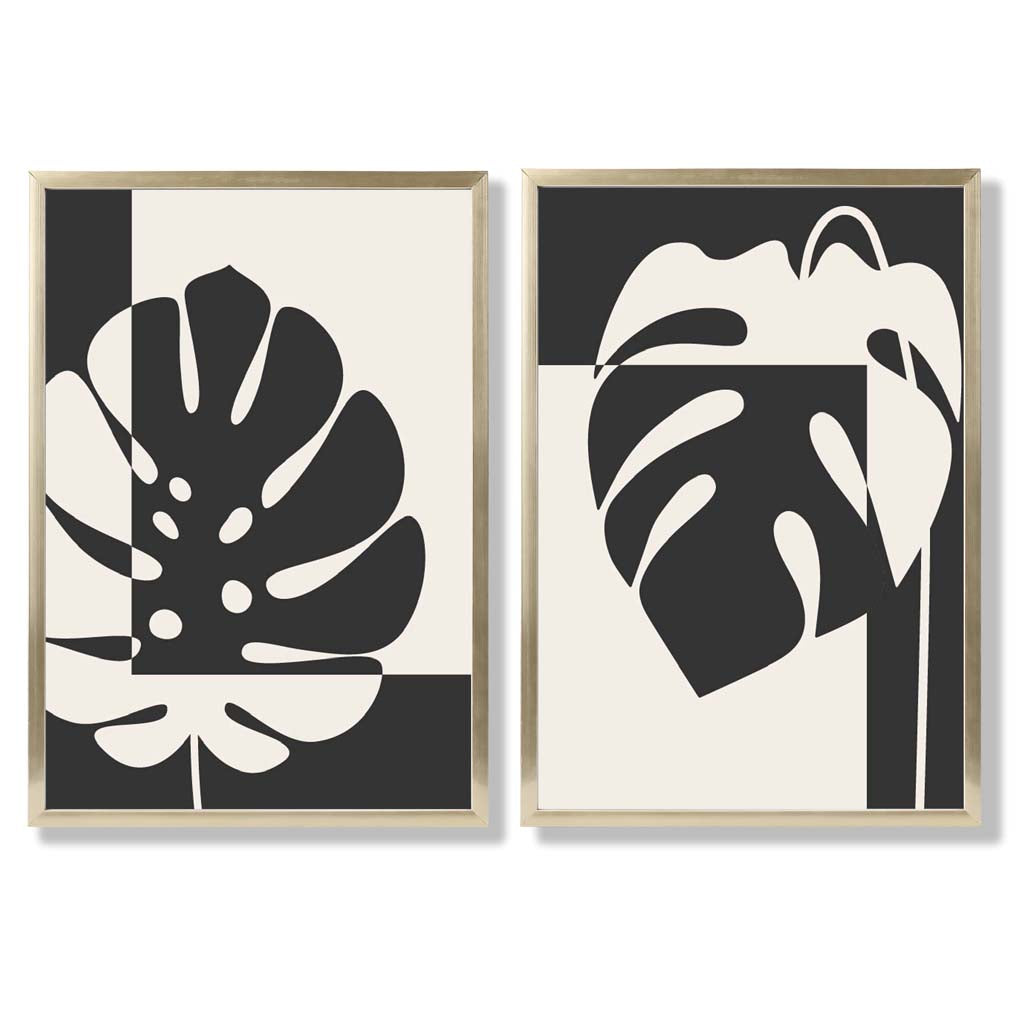 Black and Beige Monstera Set of 2 Art Prints with Gold Frame