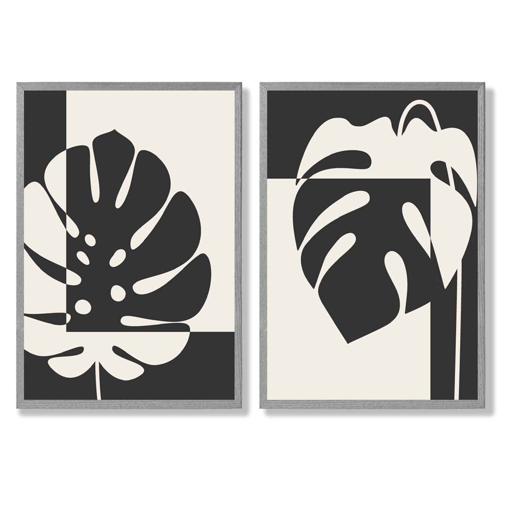 Black and Beige Monstera Set of 2 Art Prints with Light Grey Frame