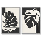 Black and Beige Monstera Set of 2 Art Prints with Light Grey Frame