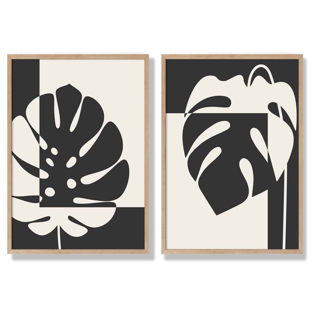 Black and Beige Monstera Set of 2 Art Prints with Oak Frame