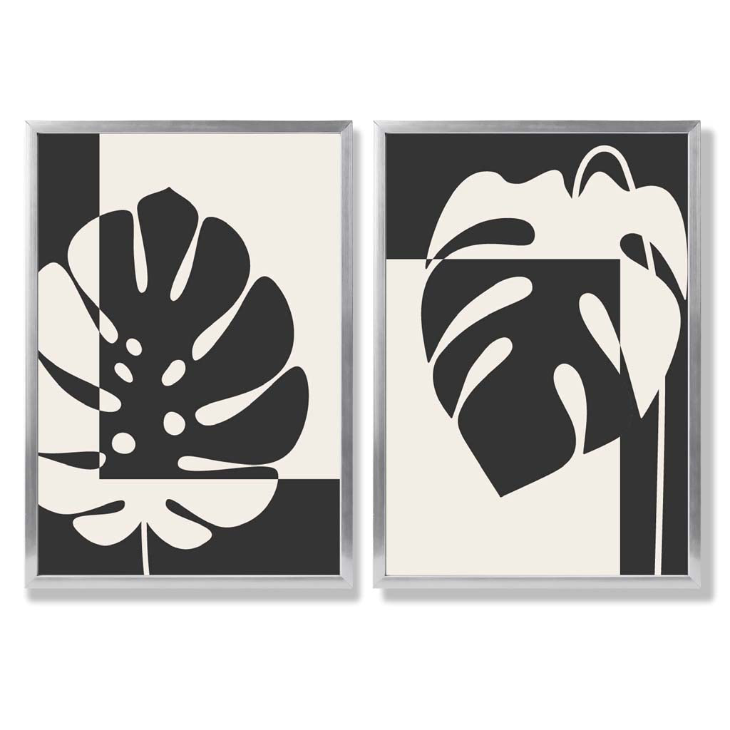 Black and Beige Monstera Set of 2 Art Prints with Silver Frame