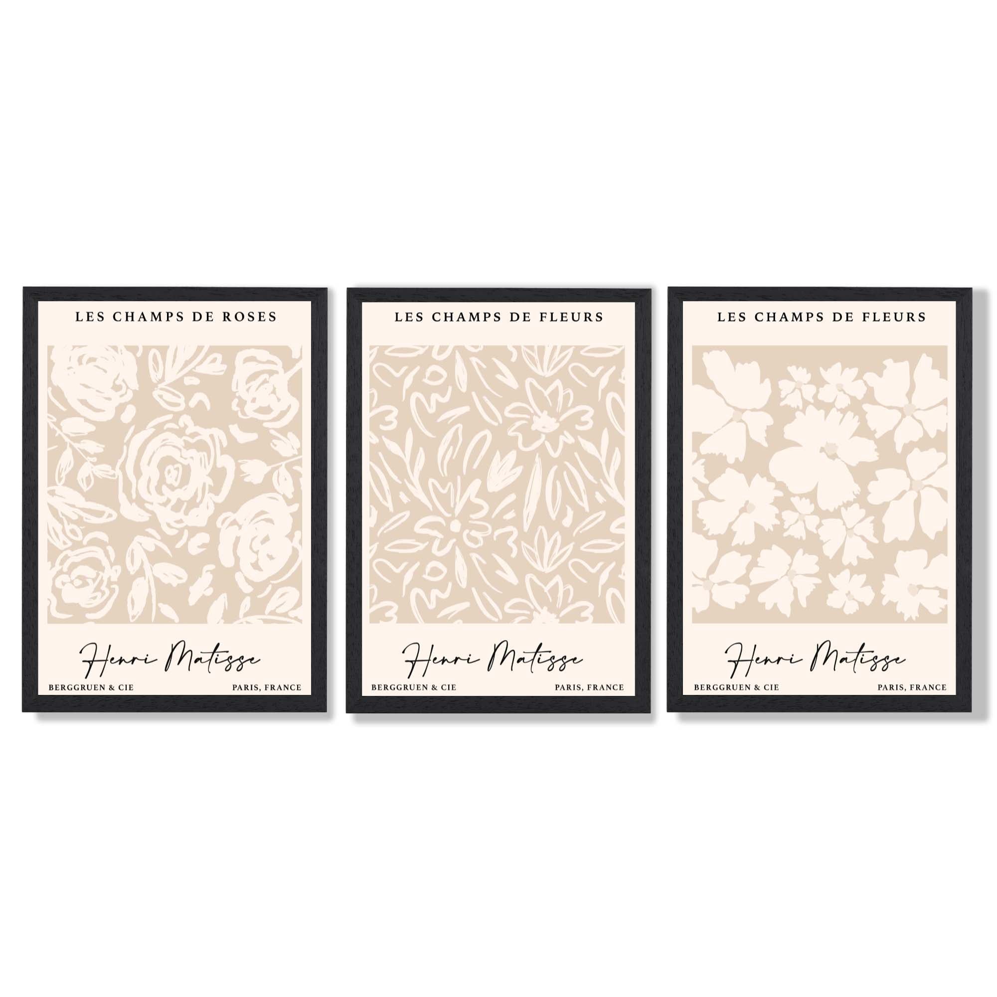 Set of 3 Floral Matisse Roses in Beige Framed Wall Art with Black Wooden Frames
