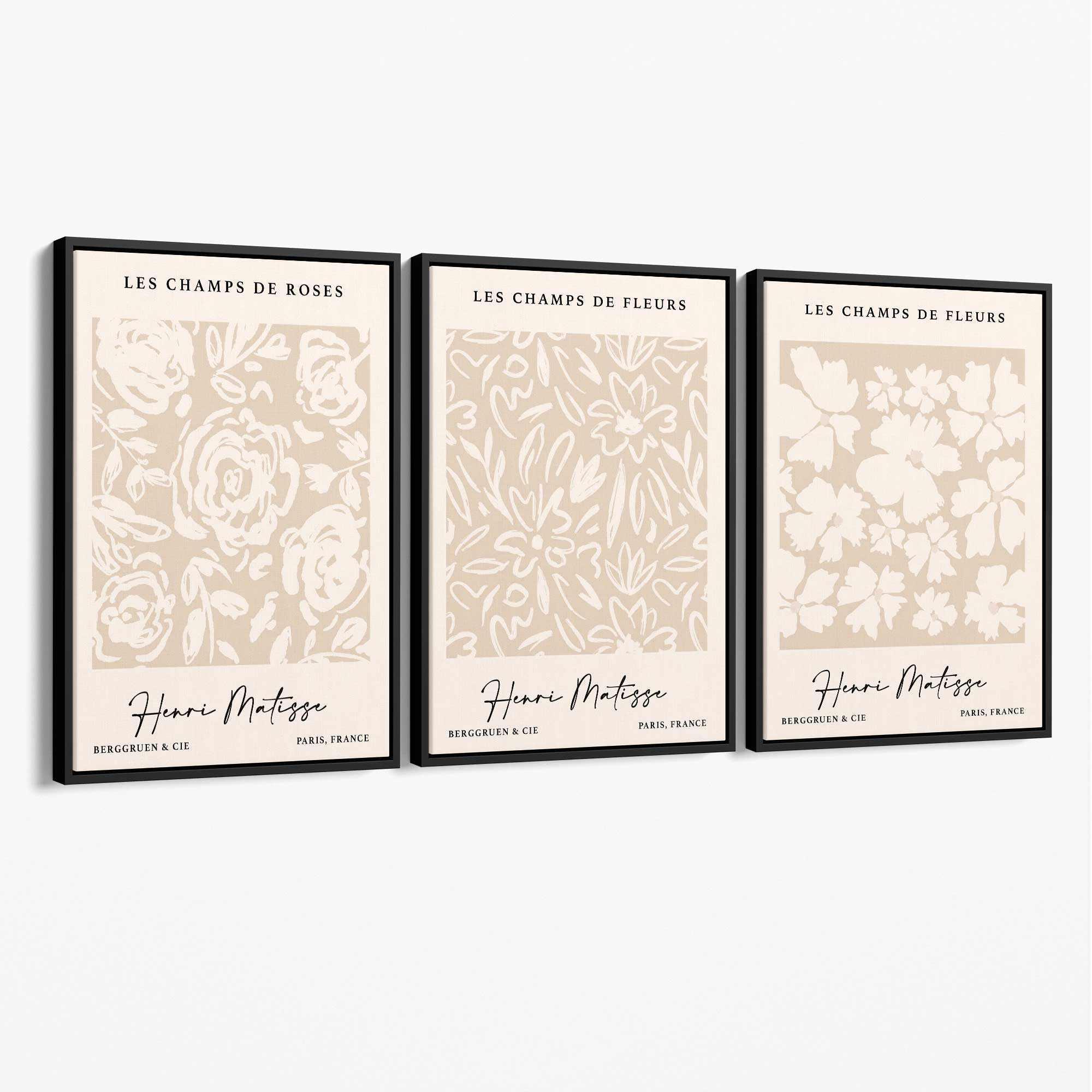Set of 3 Floral Matisse Roses in Beige Canvas Prints with Black Float Frame