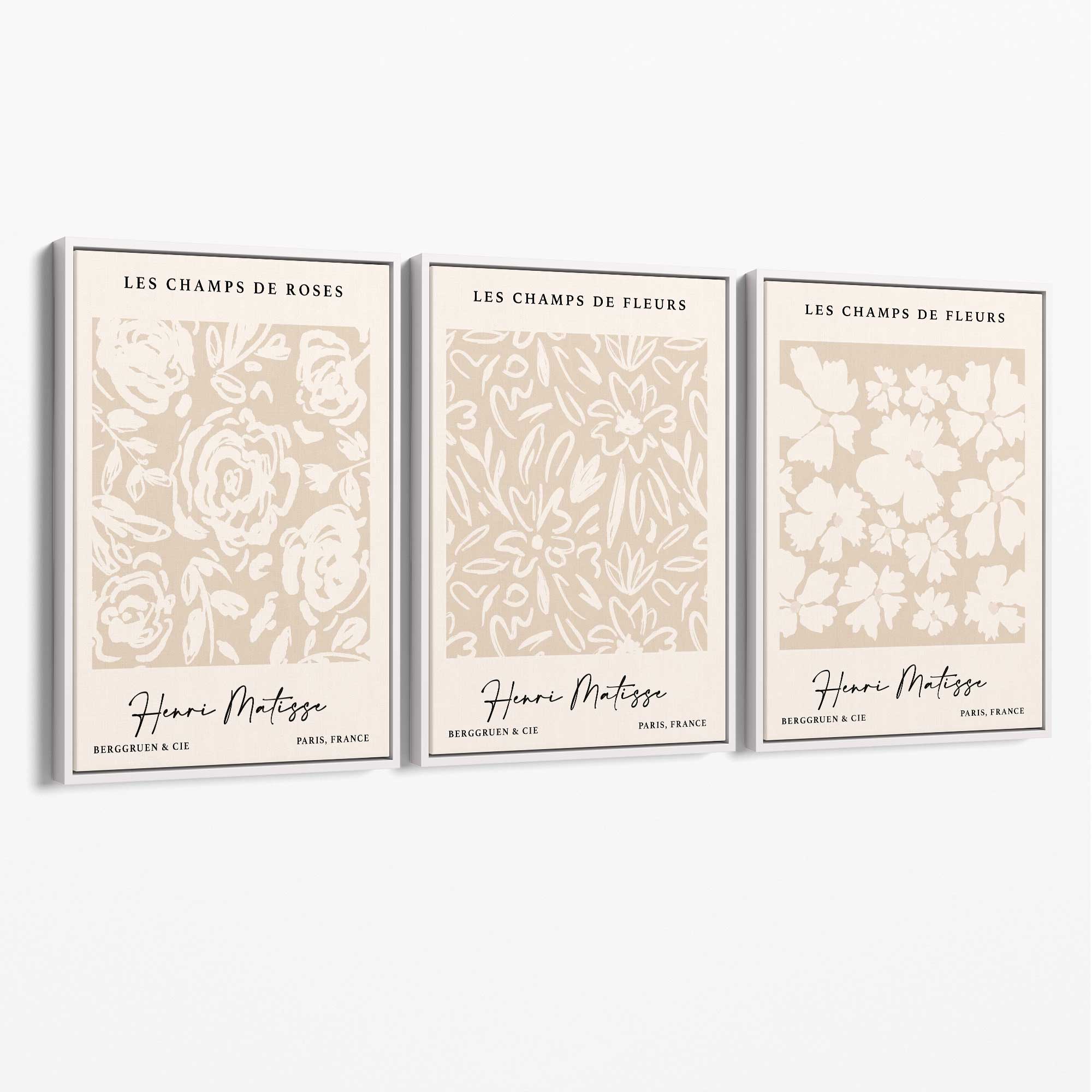 Set of 3 Floral Matisse Roses in Beige Canvas Prints with White Float Frame
