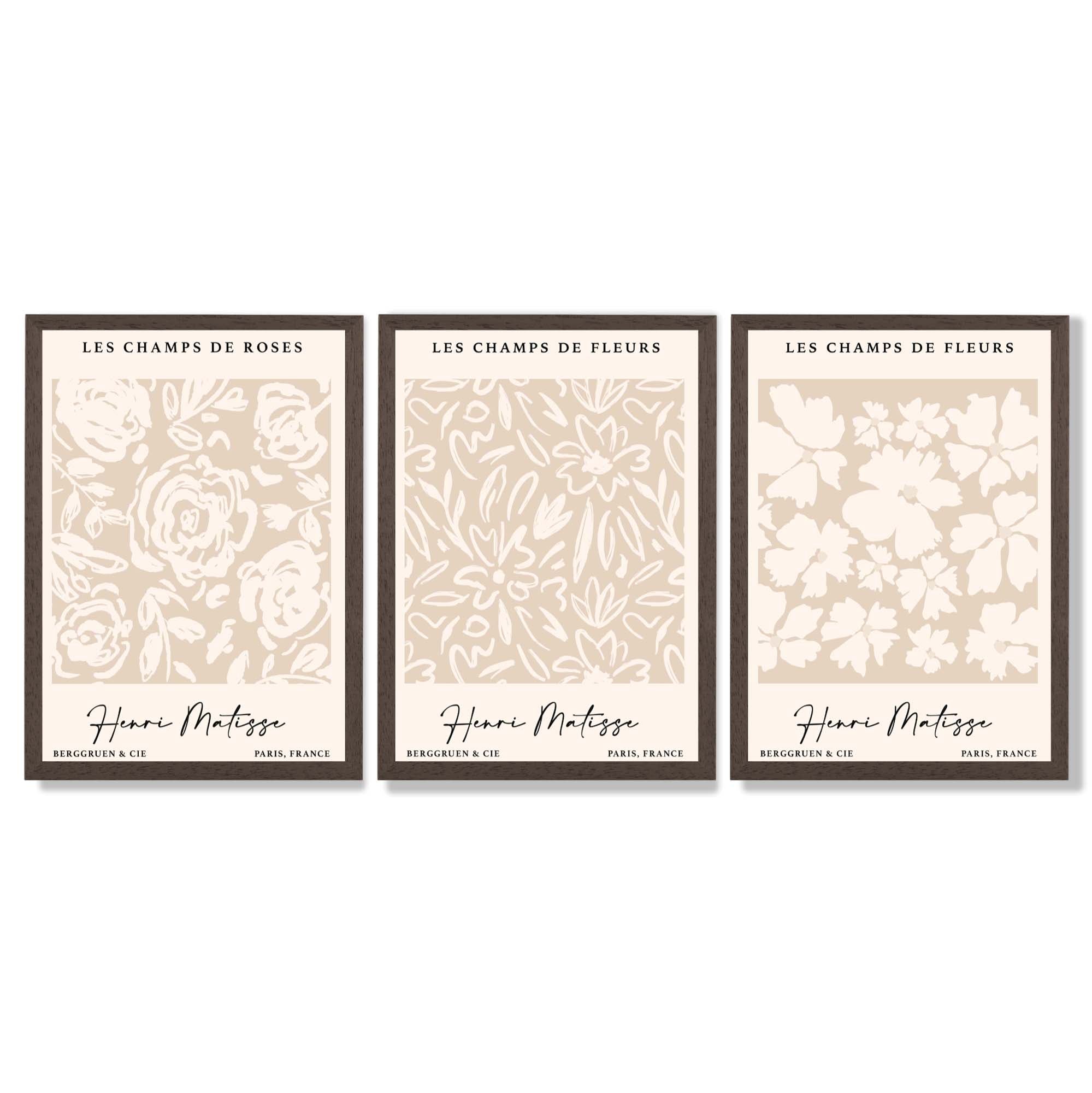 Set of 3 Floral Matisse Roses in Beige Framed Wall Art with Dark Wood Frames