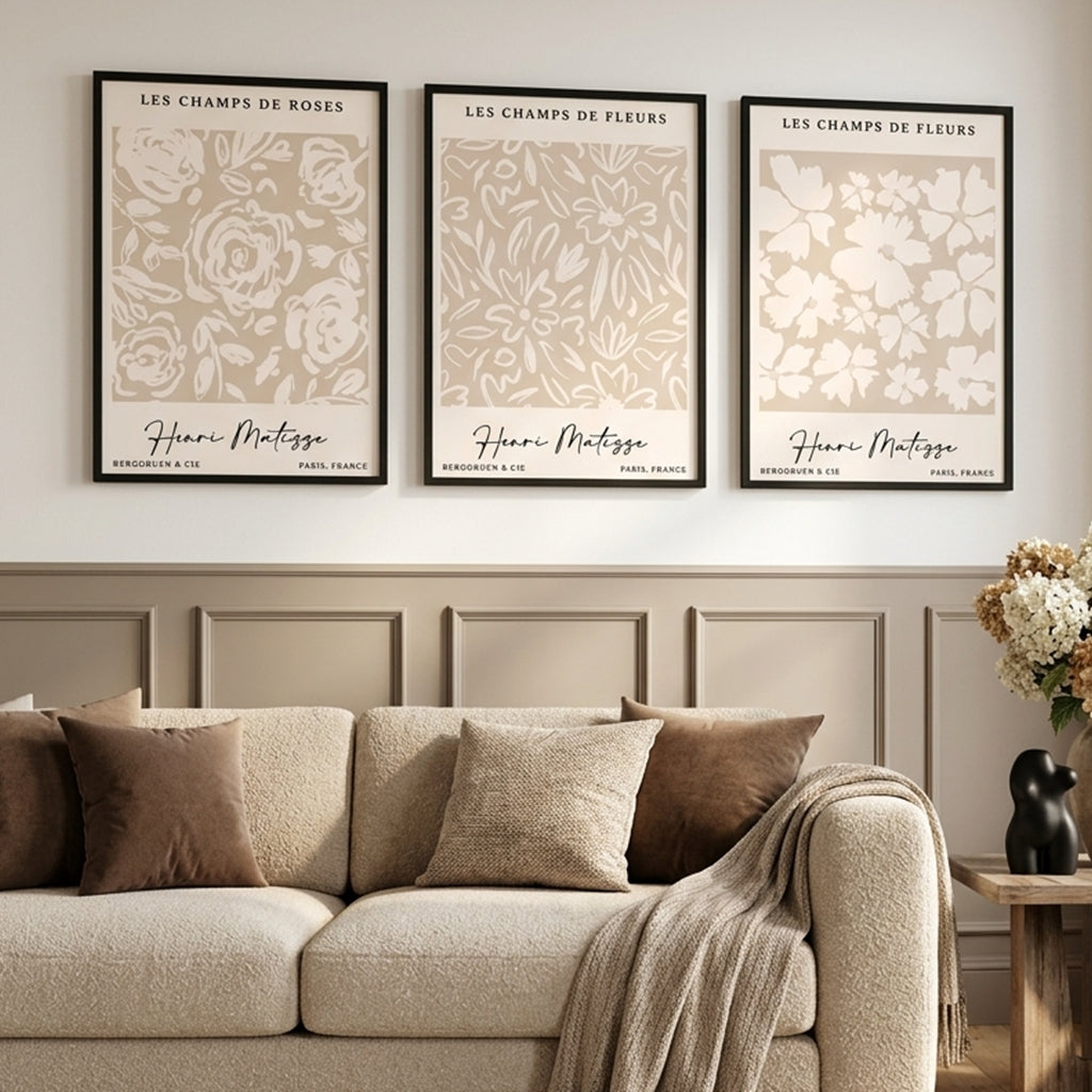 Set of 3 Floral Matisse Roses in Beige Art Prints in Black Frames | Artze UK