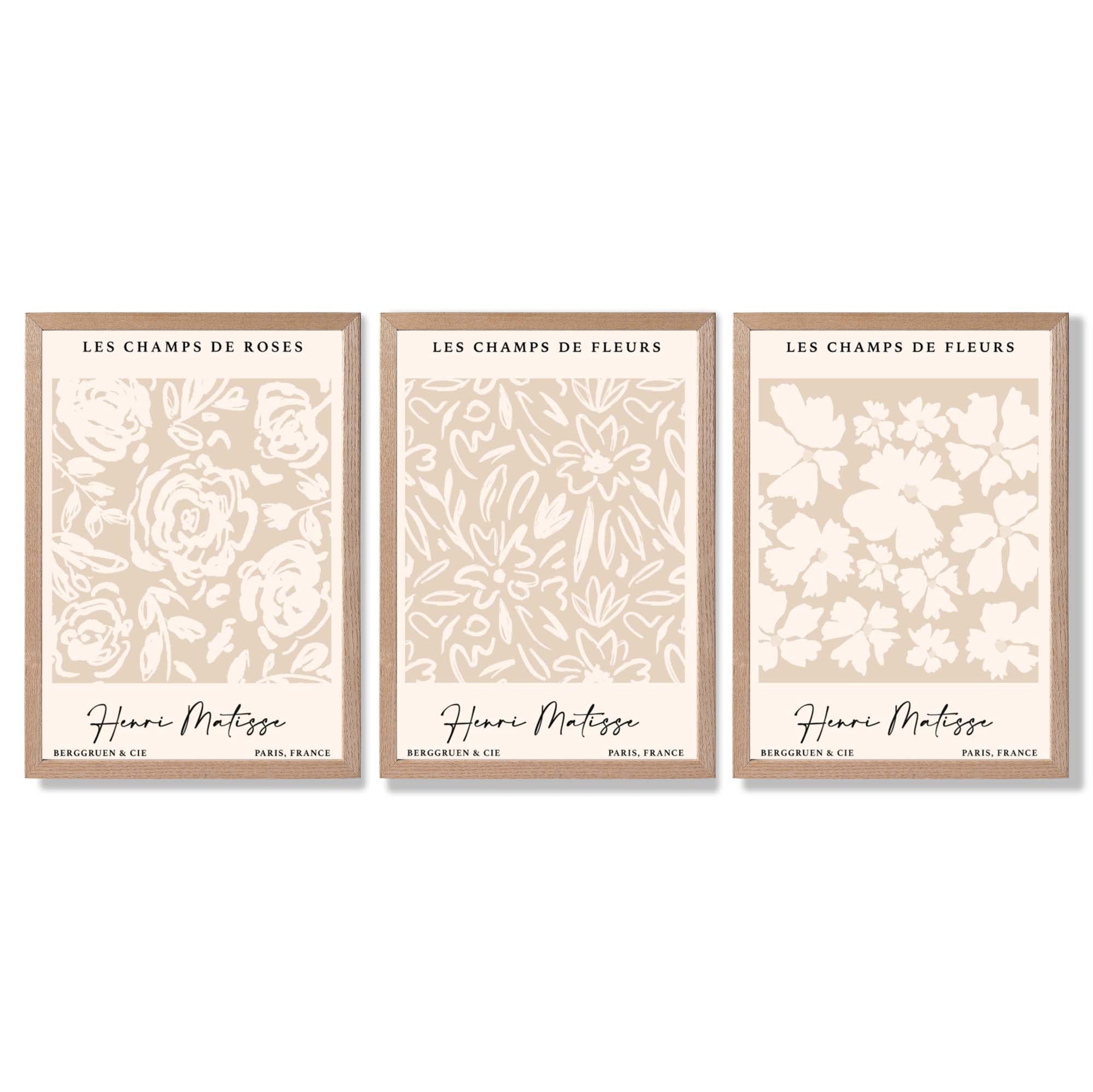 Set of 3 Floral Matisse Roses in Beige Framed Wall Art with Light Oak Frames