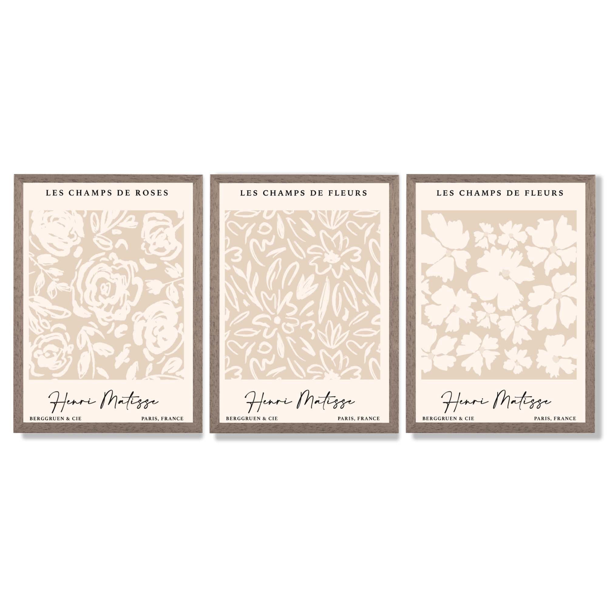 Set of 3 Floral Matisse Roses in Beige Framed Wall Art with Light Walnut Frames