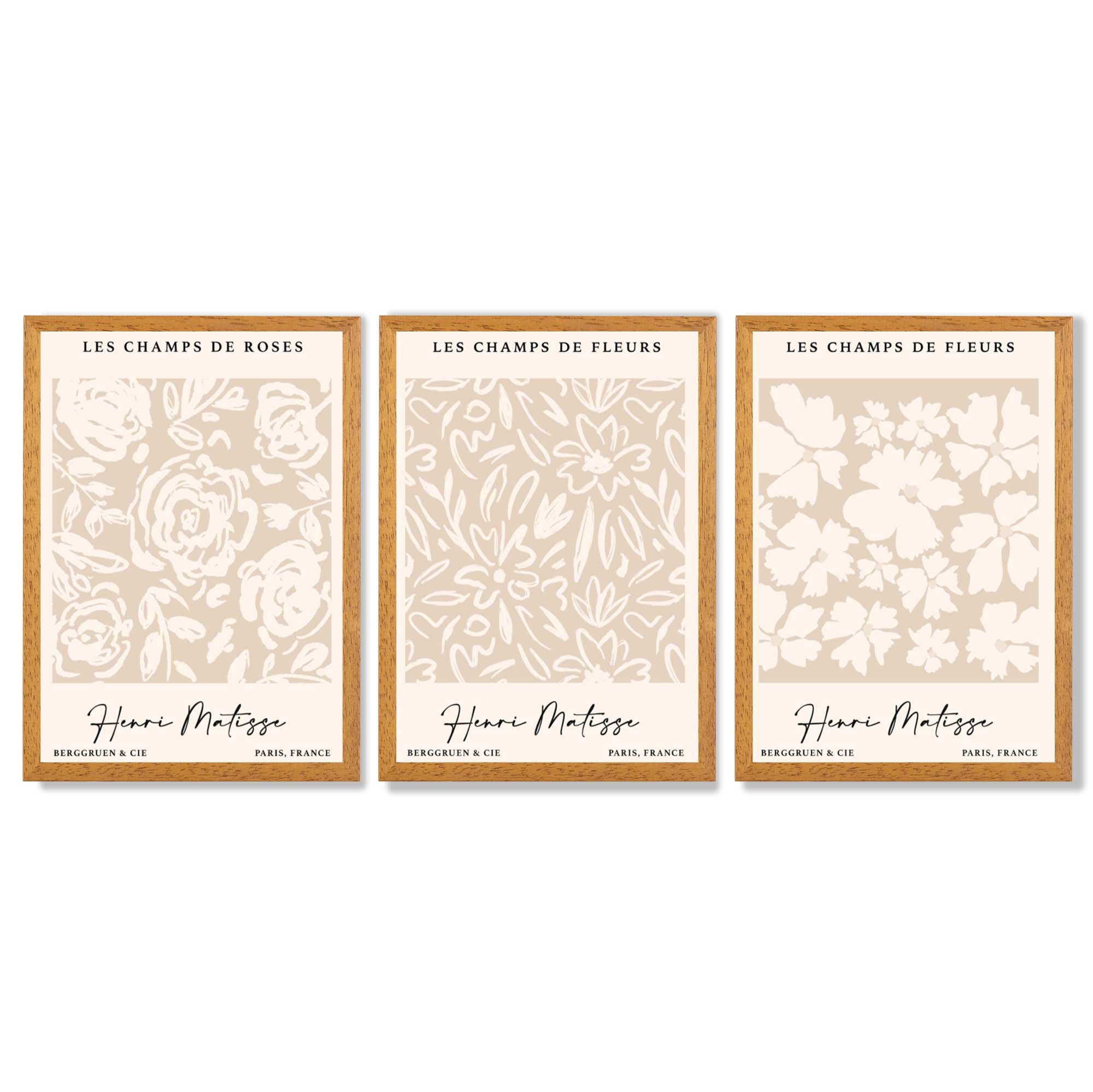 Set of 3 Floral Matisse Roses in Beige Framed Wall Art with Oak Wooden Frames