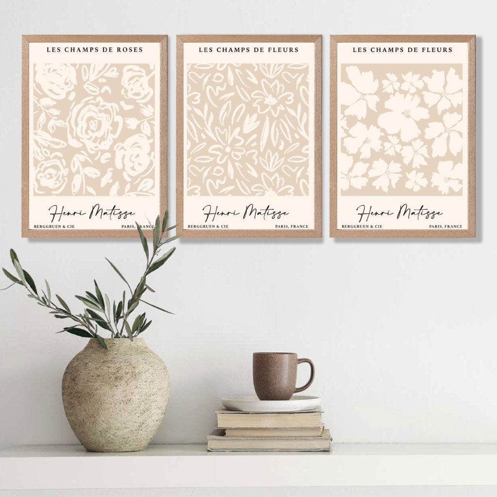 Set of 3 Floral Matisse Roses in Beige Art Prints in Oak Frames | Artze UK