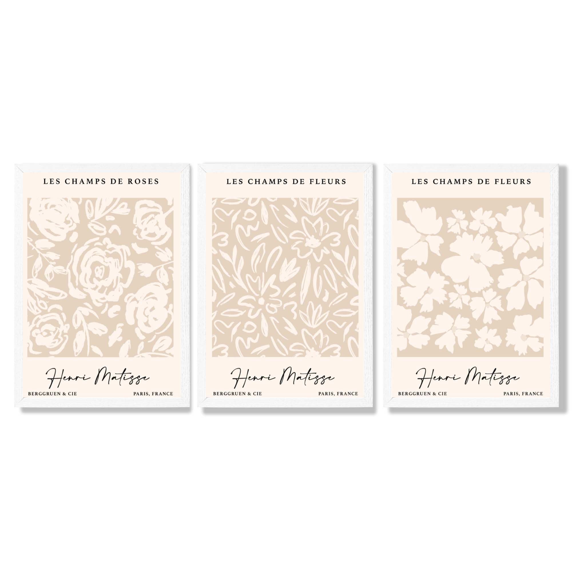 Set of 3 Floral Matisse Roses in Beige Framed Wall Art with White Wooden Frames