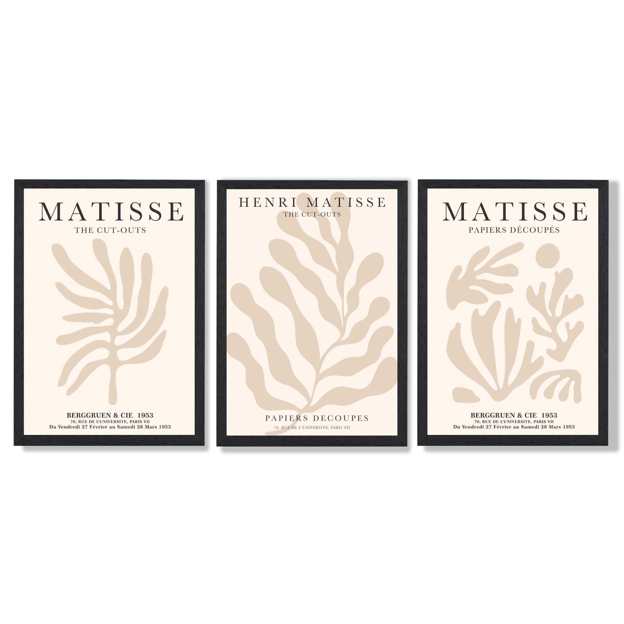 Set of 3 Matisse Botanical in Beige Framed Wall Art with Black Wooden Frames
