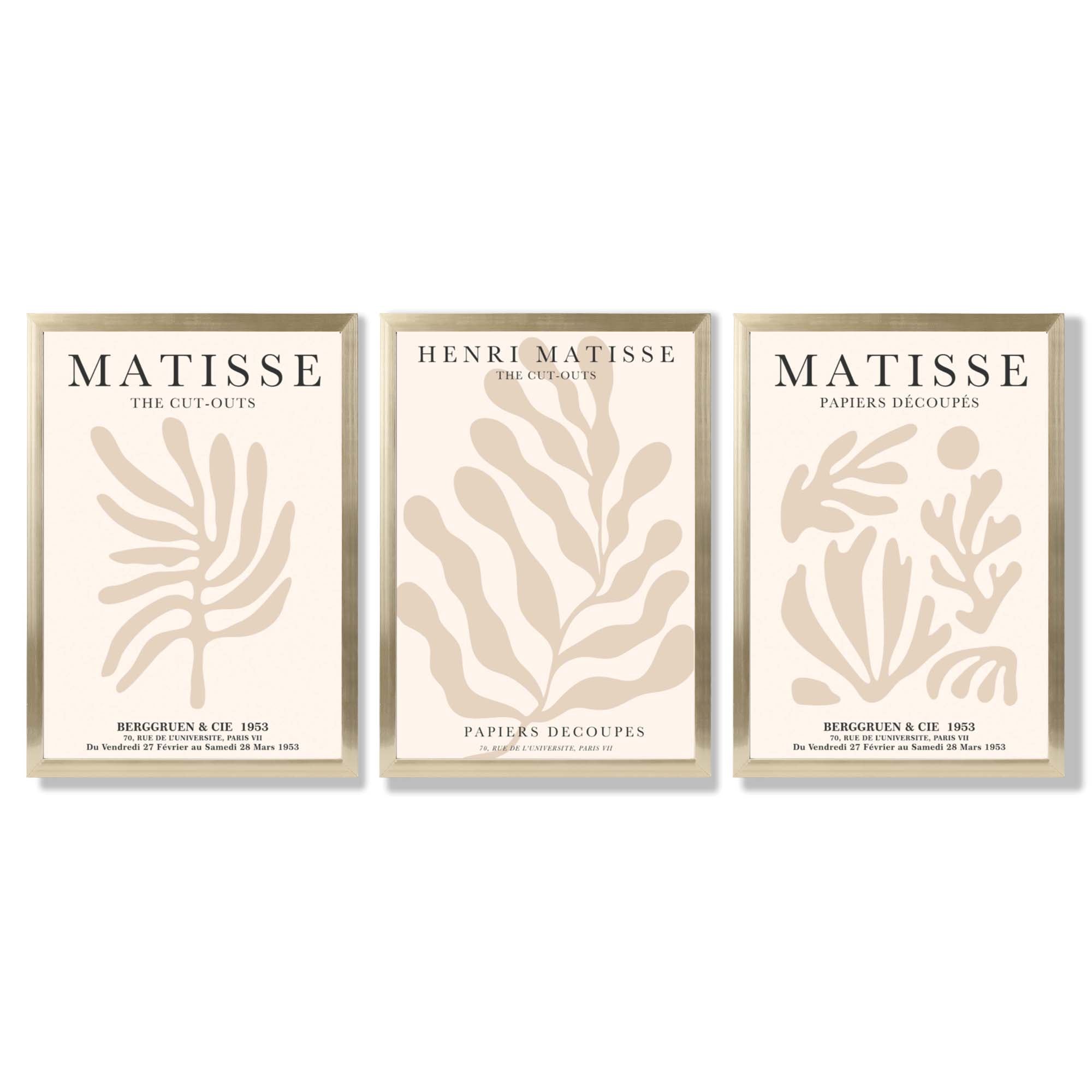 Set of 3 Matisse Botanical in Beige Framed Wall Art with Gold Wood Frames