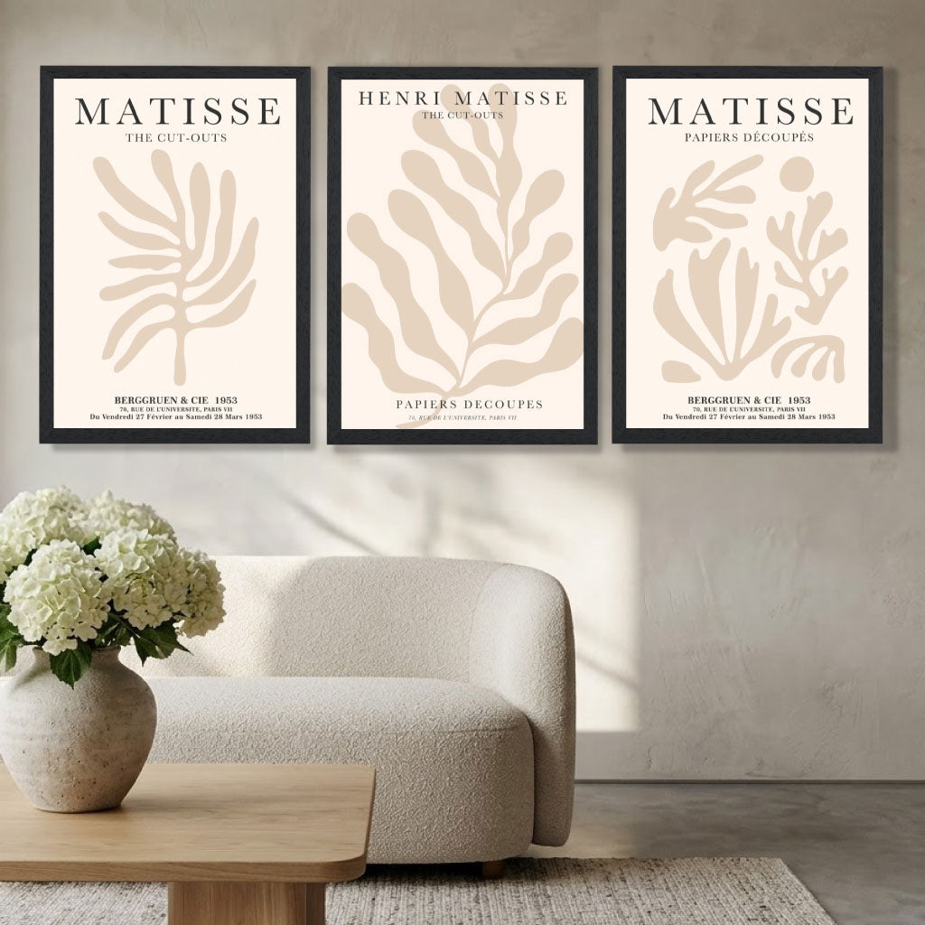 Set of 3 Matisse Botanical in Beige Art Prints in Black Frames | Artze UK