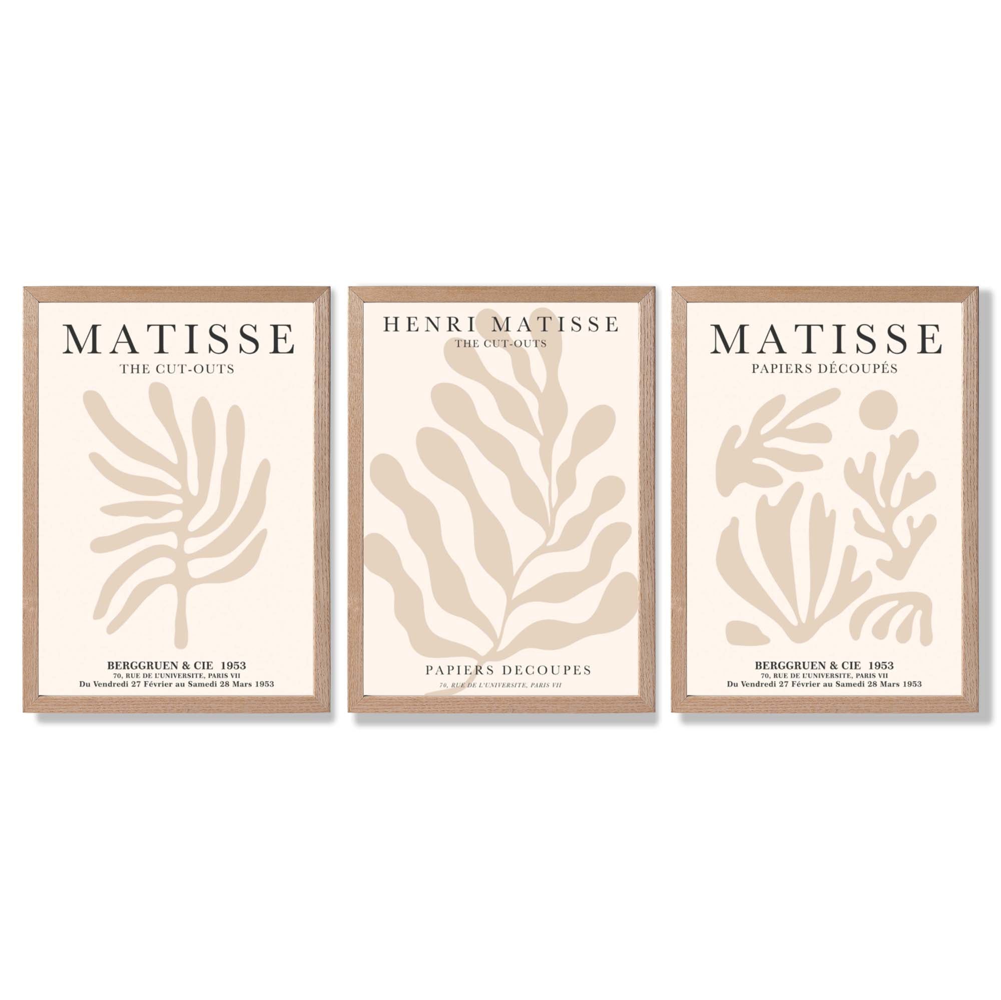 Set of 3 Matisse Botanical in Beige Framed Wall Art with Light Oak Frames