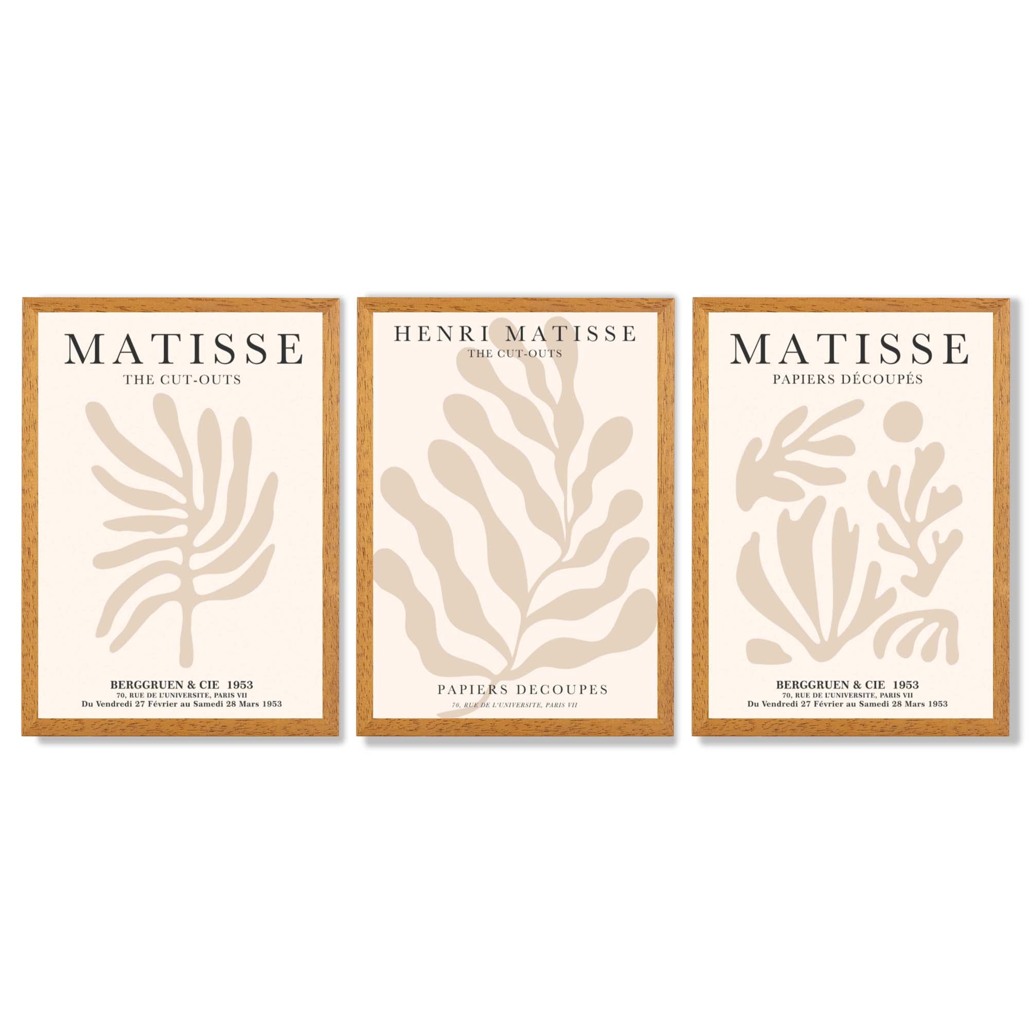 Set of 3 Matisse Botanical in Beige Framed Wall Art with Oak Wooden Frames