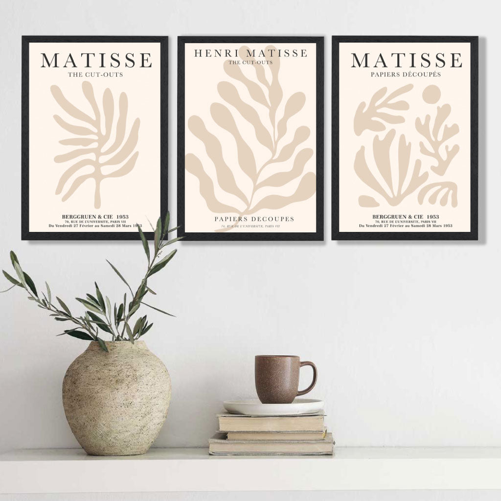 Set of 3 Matisse Botanical in Beige Art Prints in Oak Frames | Artze UK